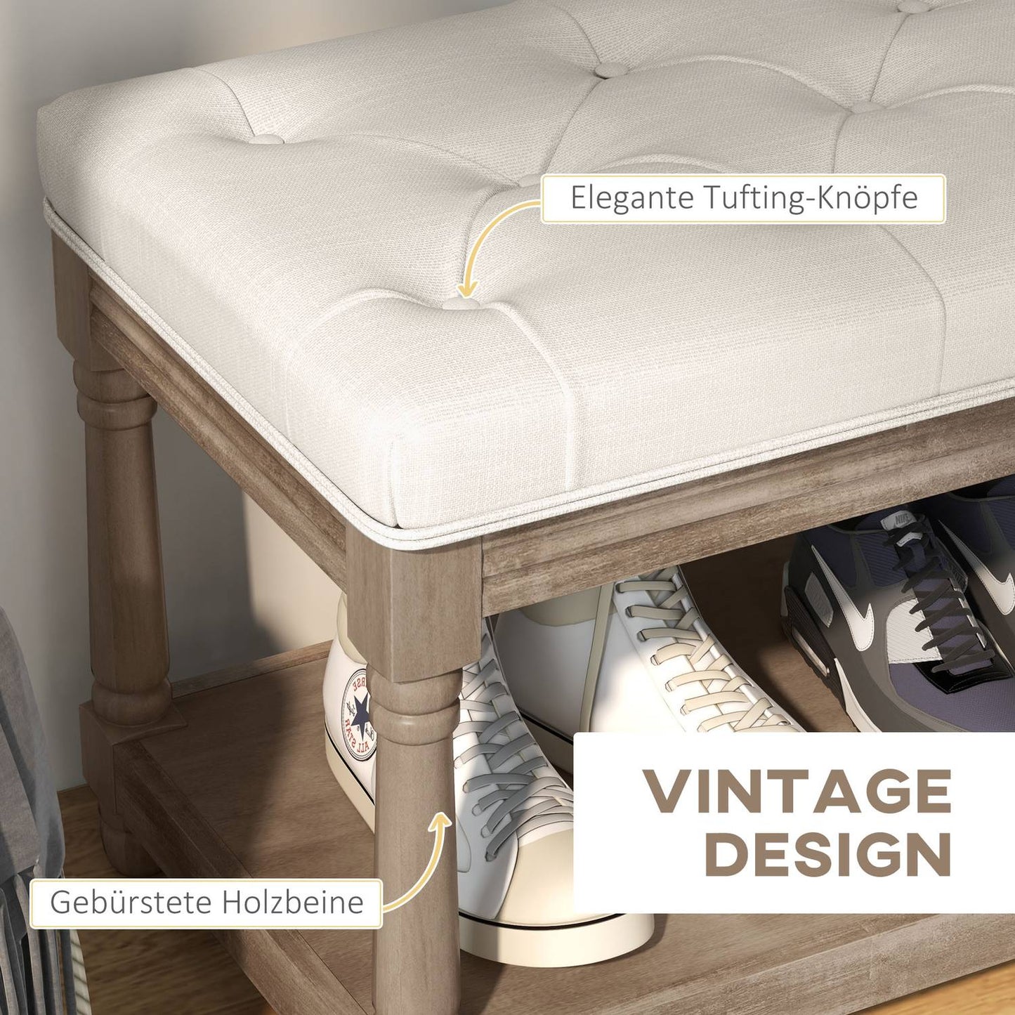 Shoe bench with storage, padded seat, wooden legs, cream