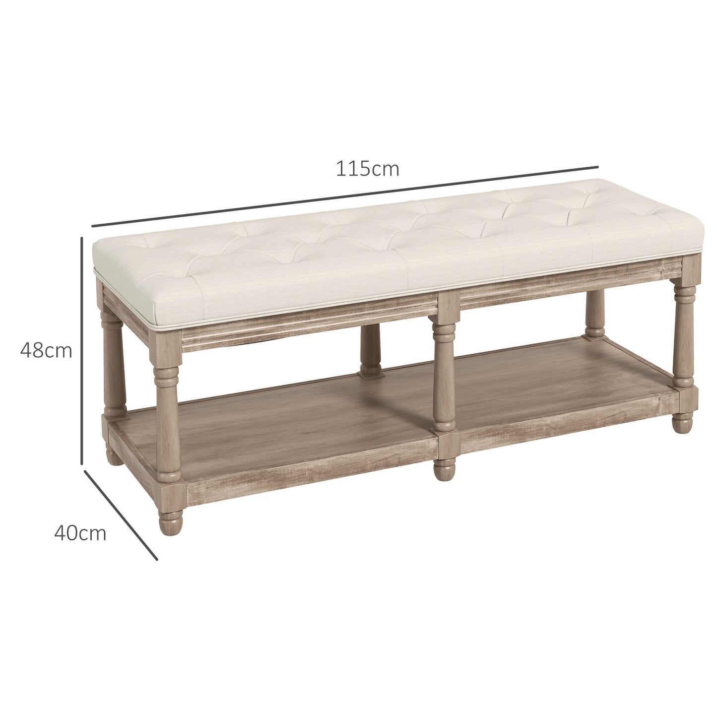 Shoe bench with storage, padded seat, wooden legs, cream