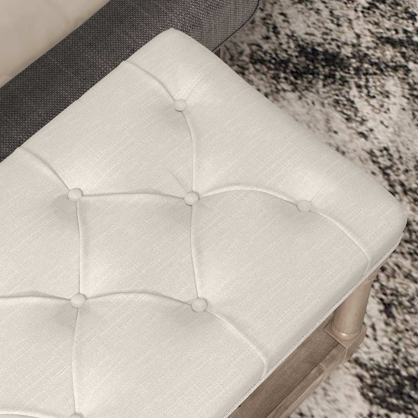 Shoe bench with storage, padded seat, wooden legs, cream