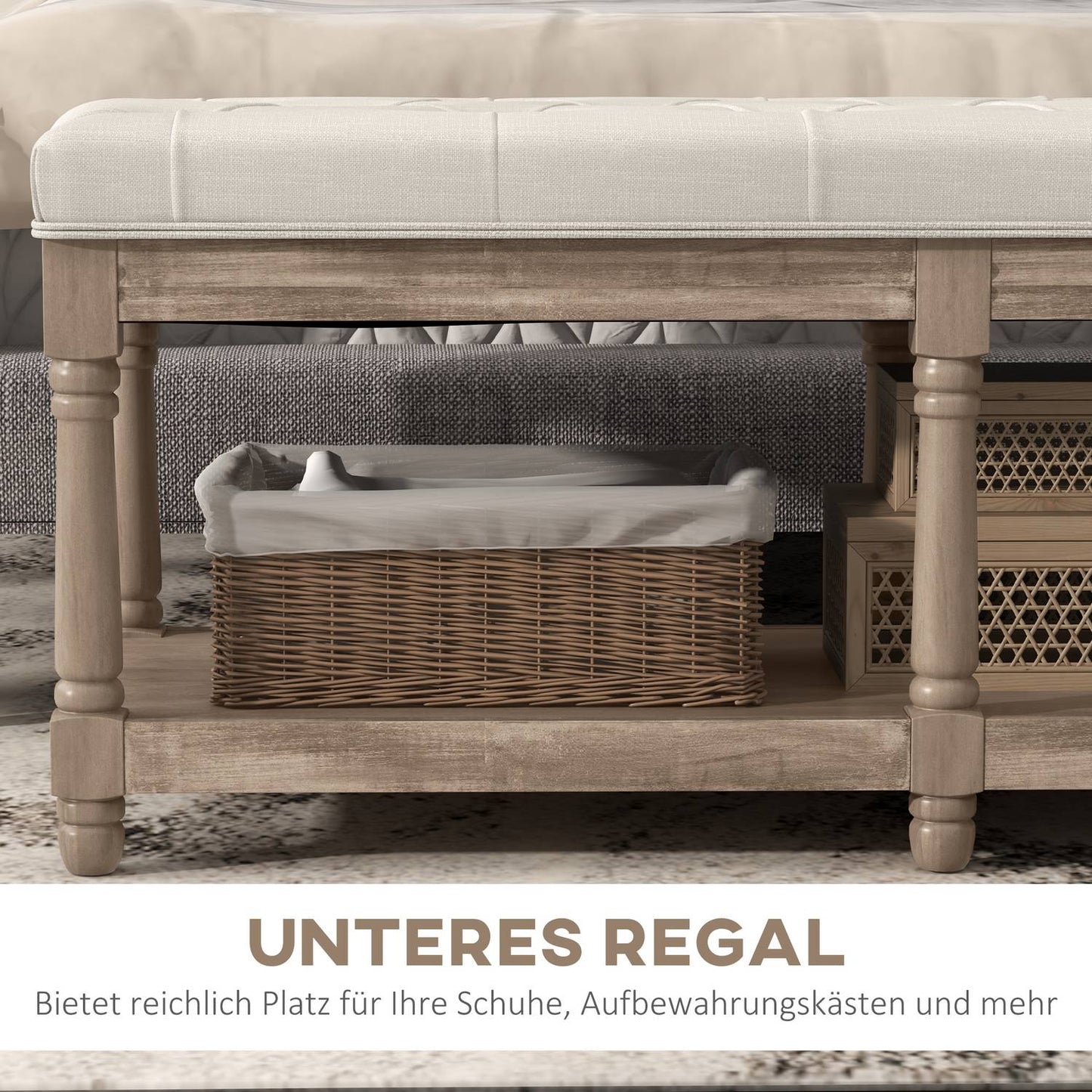 Shoe bench with storage, padded seat, wooden legs, cream