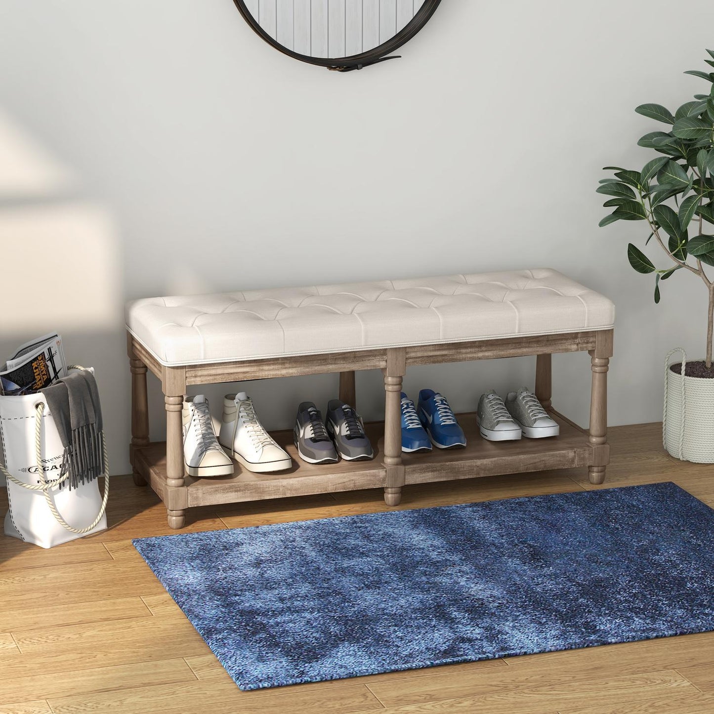 Shoe bench with storage, padded seat, wooden legs, cream