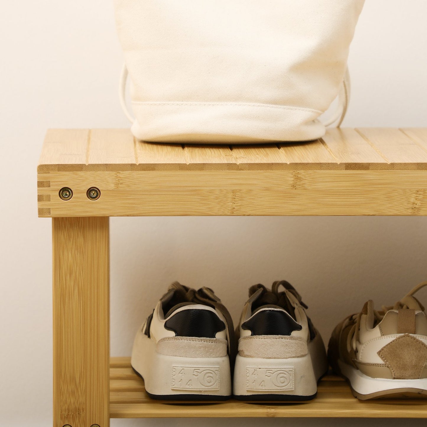 Bamboo shoe rack bench - 3-tier, fits 6 pairs, natural