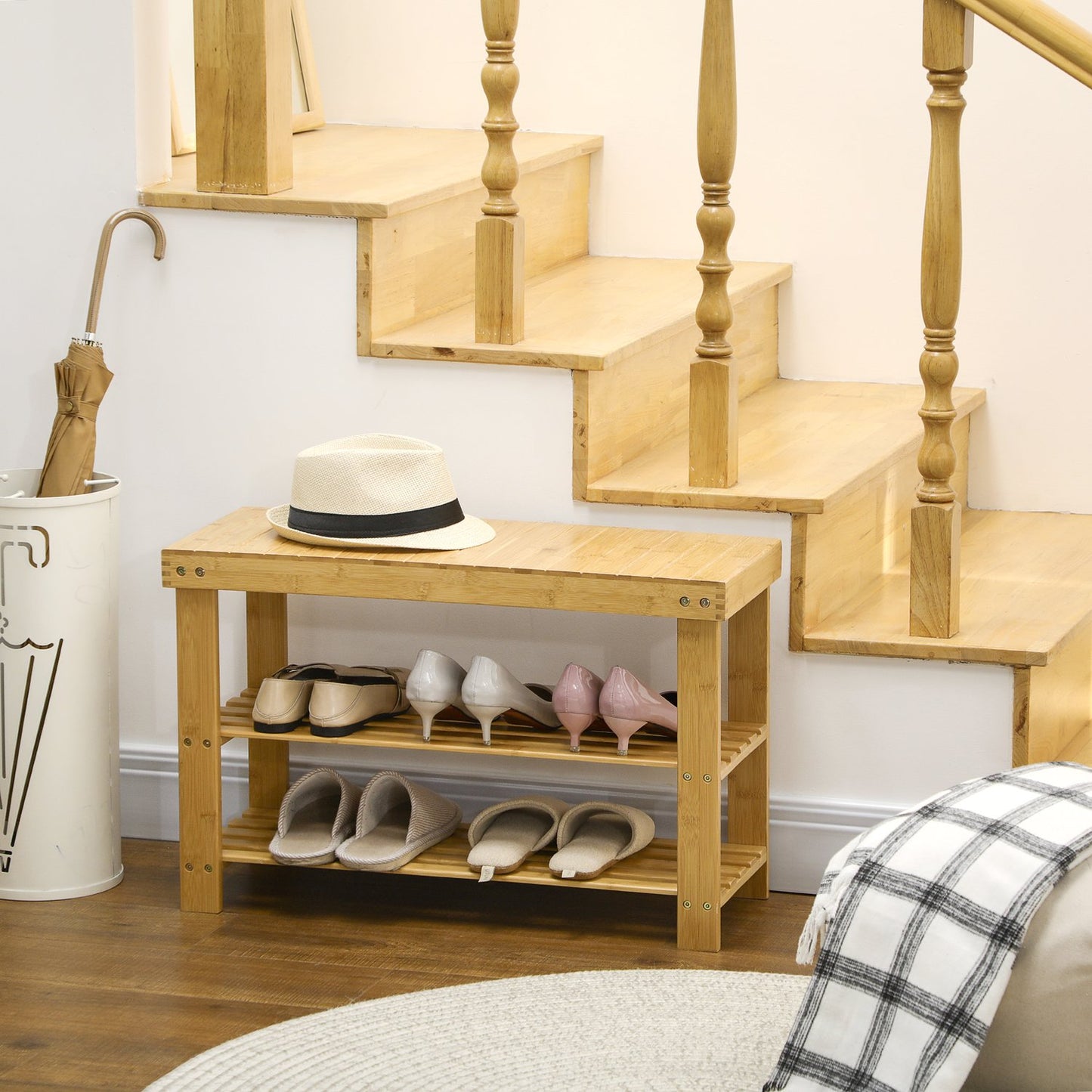 Bamboo shoe rack bench - 3-tier, fits 6 pairs, natural