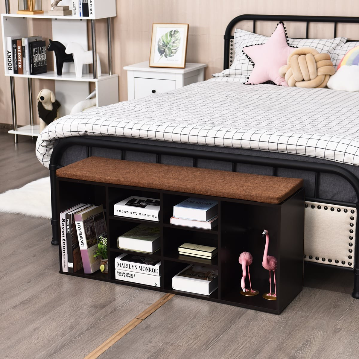 Shoe Bench with Cushion, Adjustable Shelves, Brown Wood