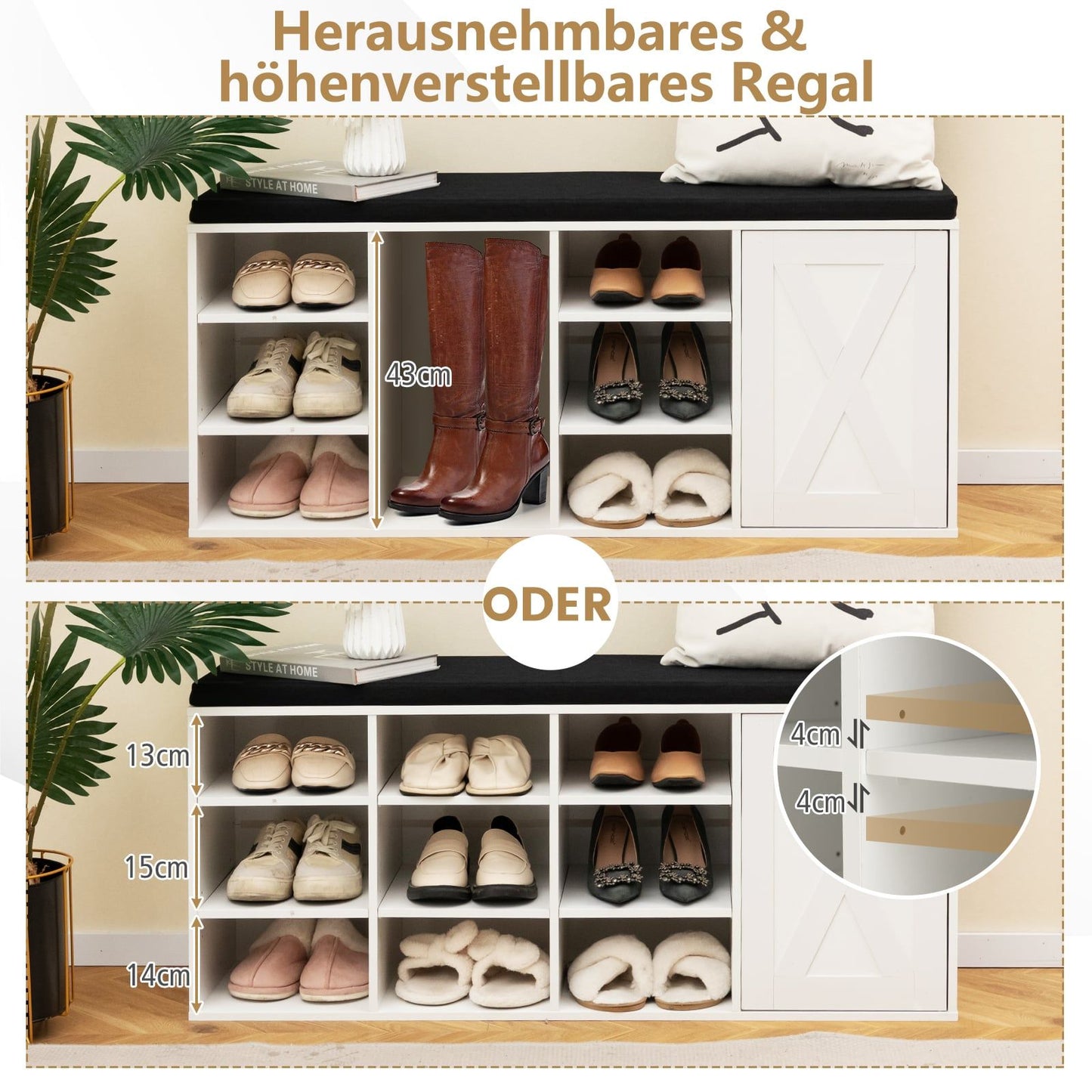Shoe Bench with Cushion & Adjustable Shelves, White