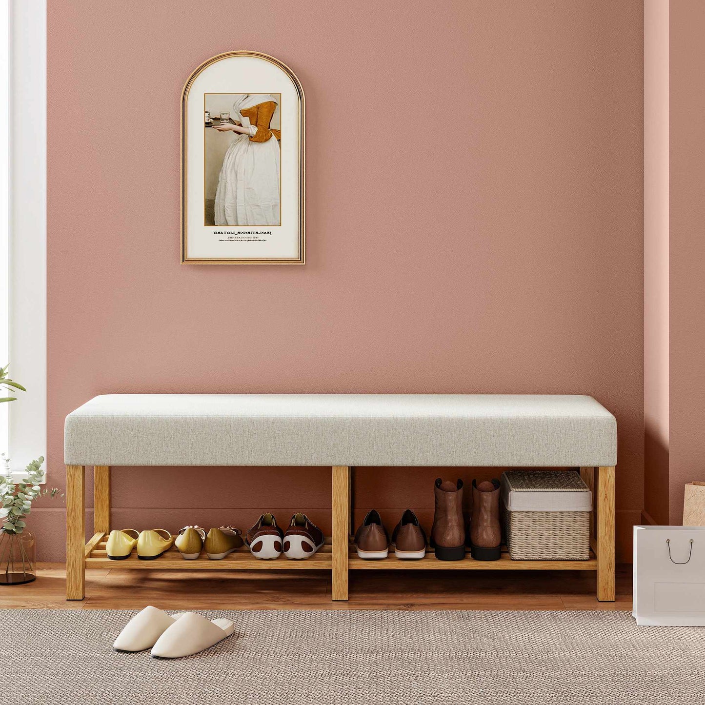 Shoe Bench with Cushion, Rubberwood, 140cm, 220kg Capacity