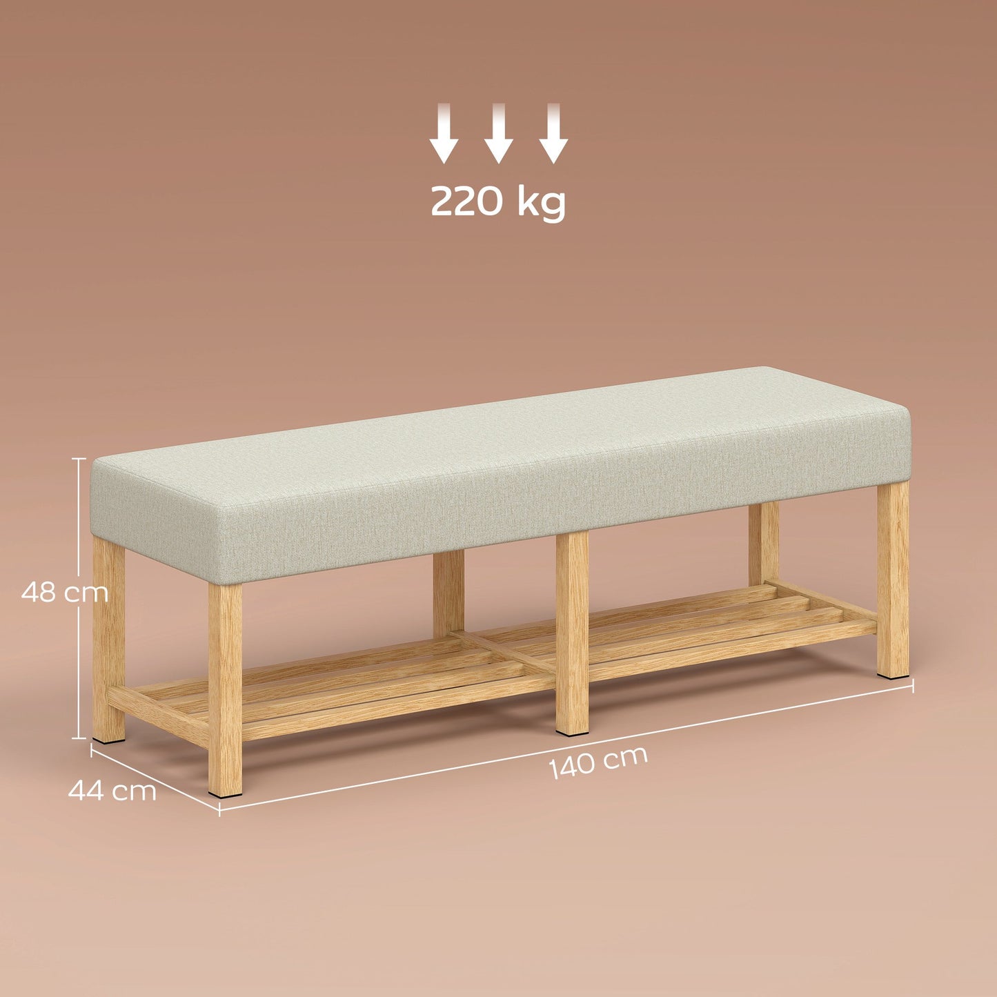 Shoe Bench with Cushion, Rubberwood, 140cm, 220kg Capacity