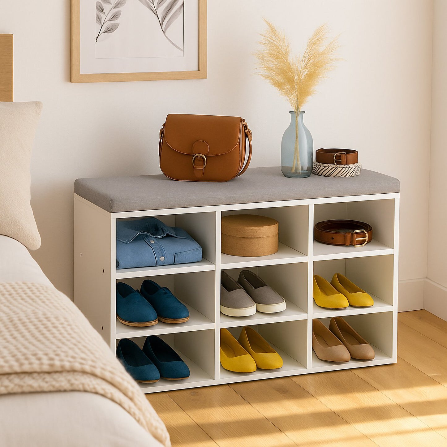 Shoe Bench with Padded Seat and Storage Compartments