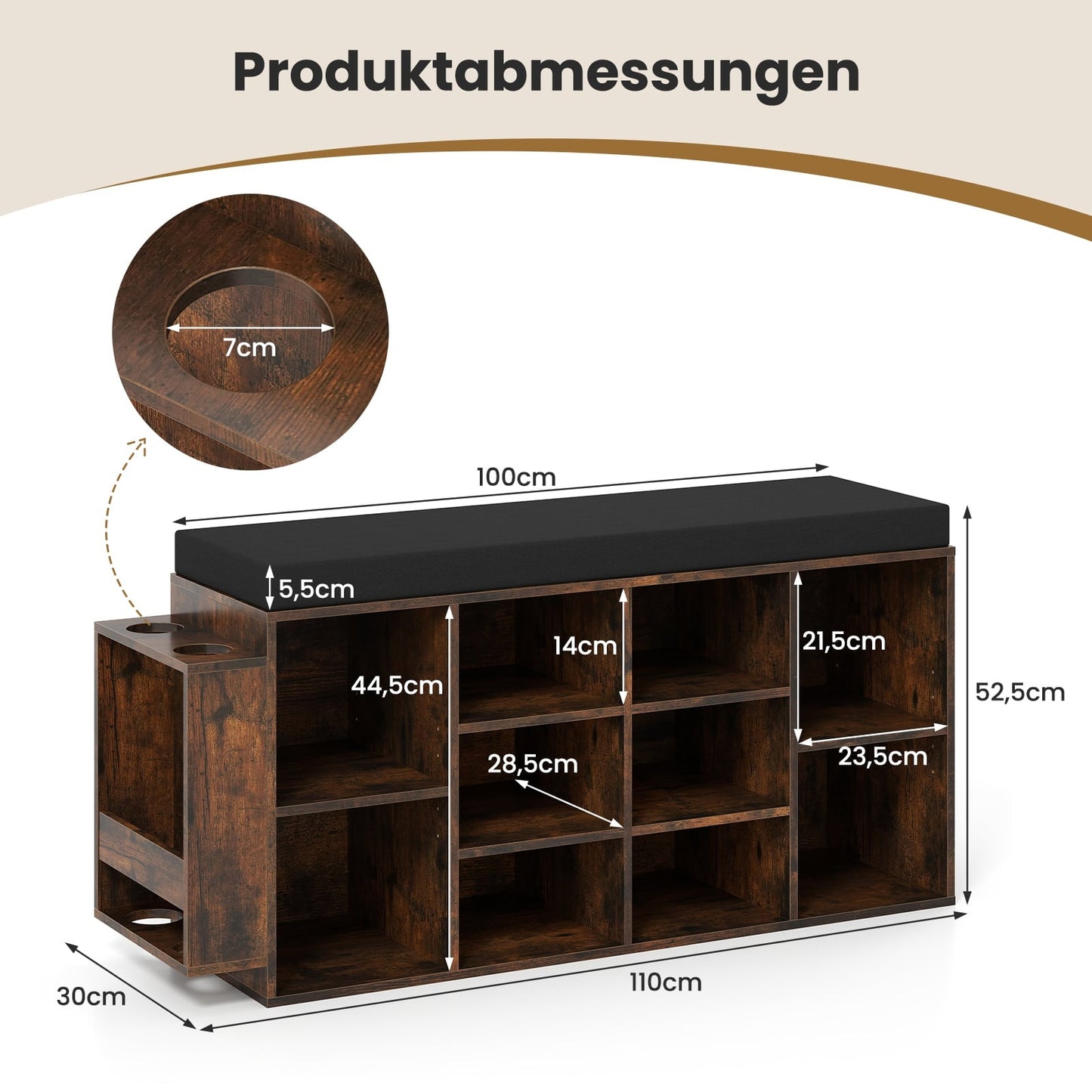 Shoe Bench with Umbrella Holder, Cushioned Seat, Adjustable Shelves
