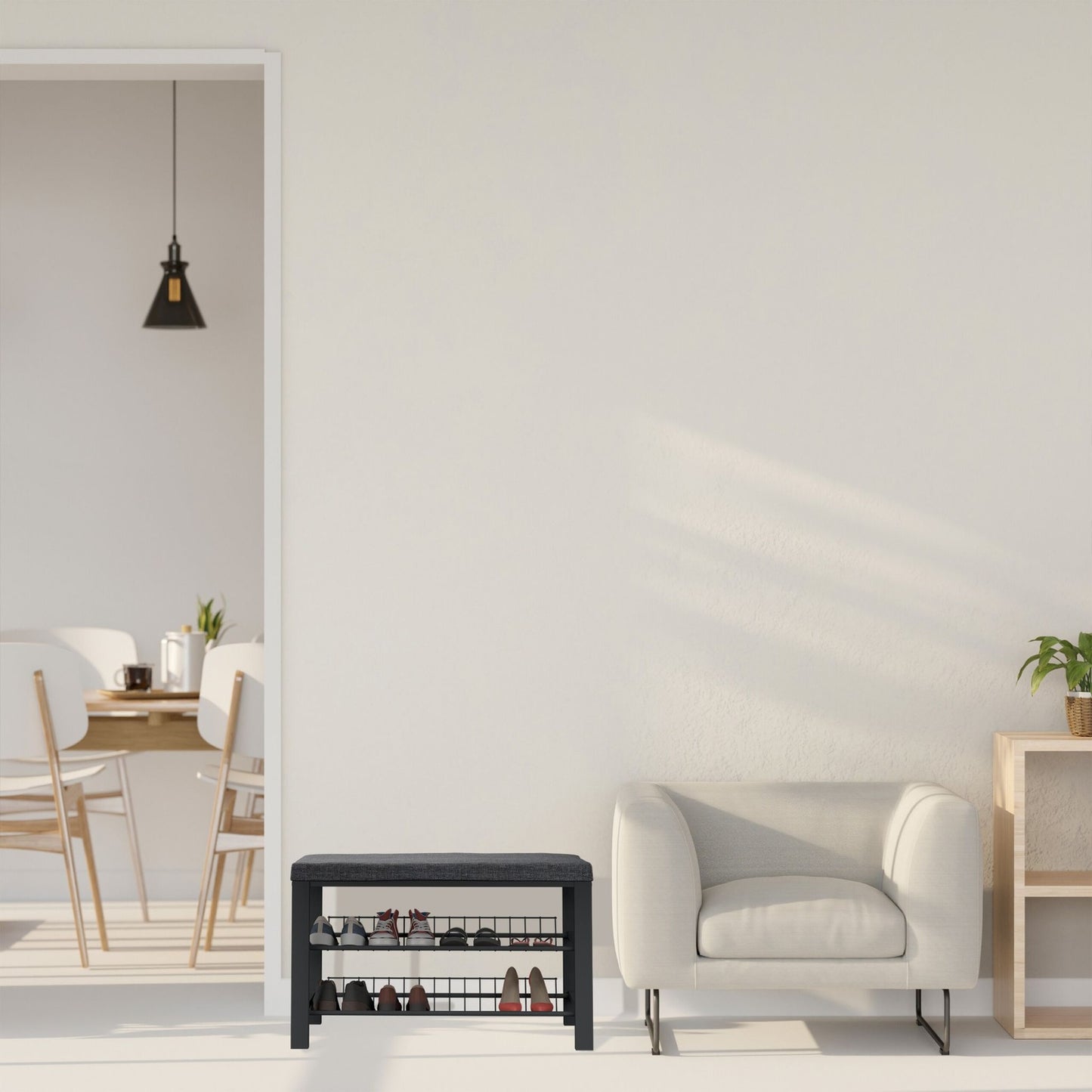 Shoe Bench with Upholstered Seat and Metal Rack