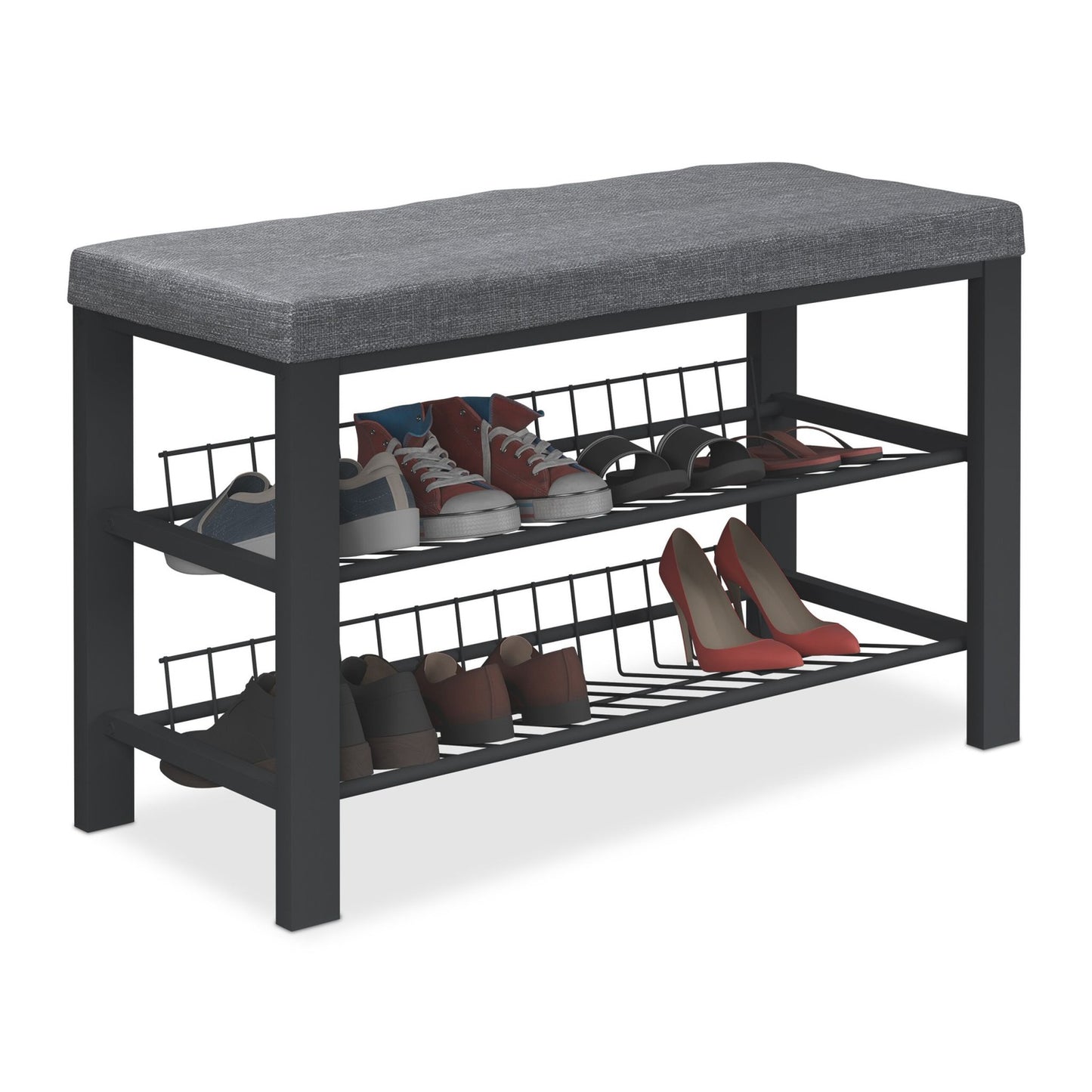 Shoe Bench with Upholstered Seat and Metal Rack