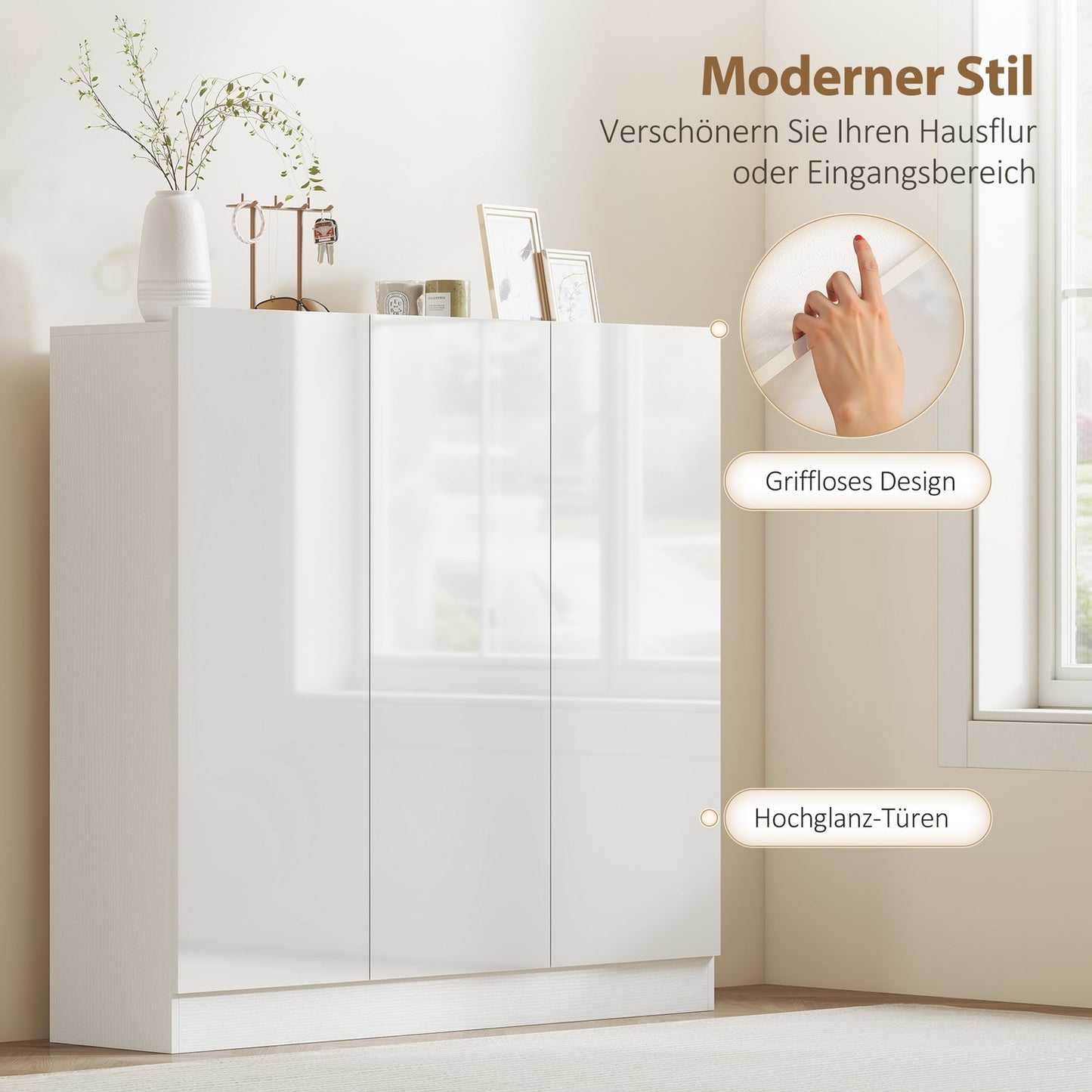 Shoe Cabinet, 10 Shelves, Ventilation, Soft-Close, White Wood
