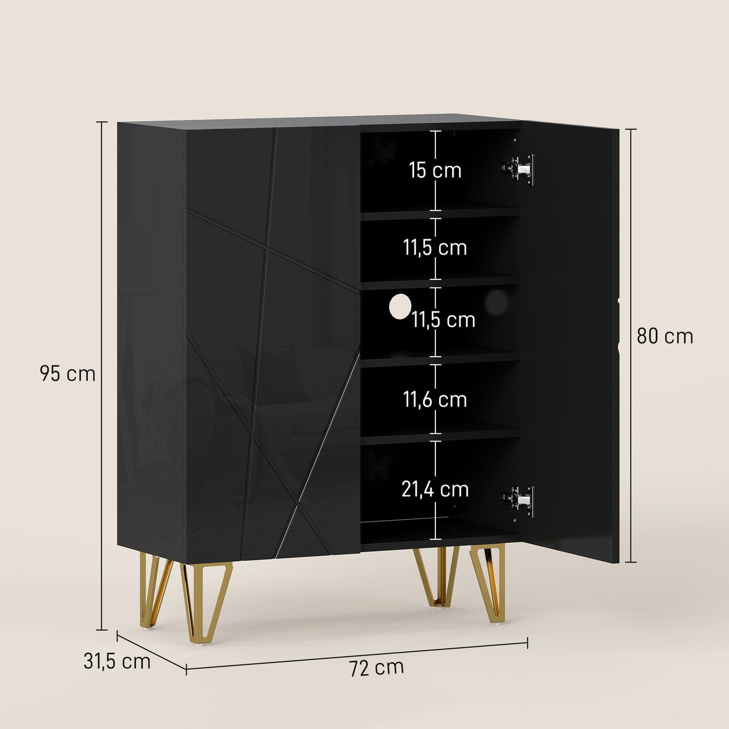 Shoe Cabinet, 2 Doors, 3 Adjustable Shelves, Black