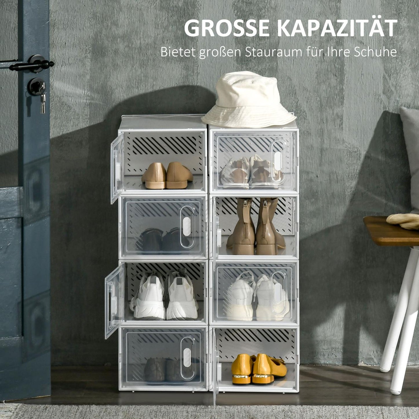 Shoe rack in transparent plastic - rectangular shelf with 8 compartments