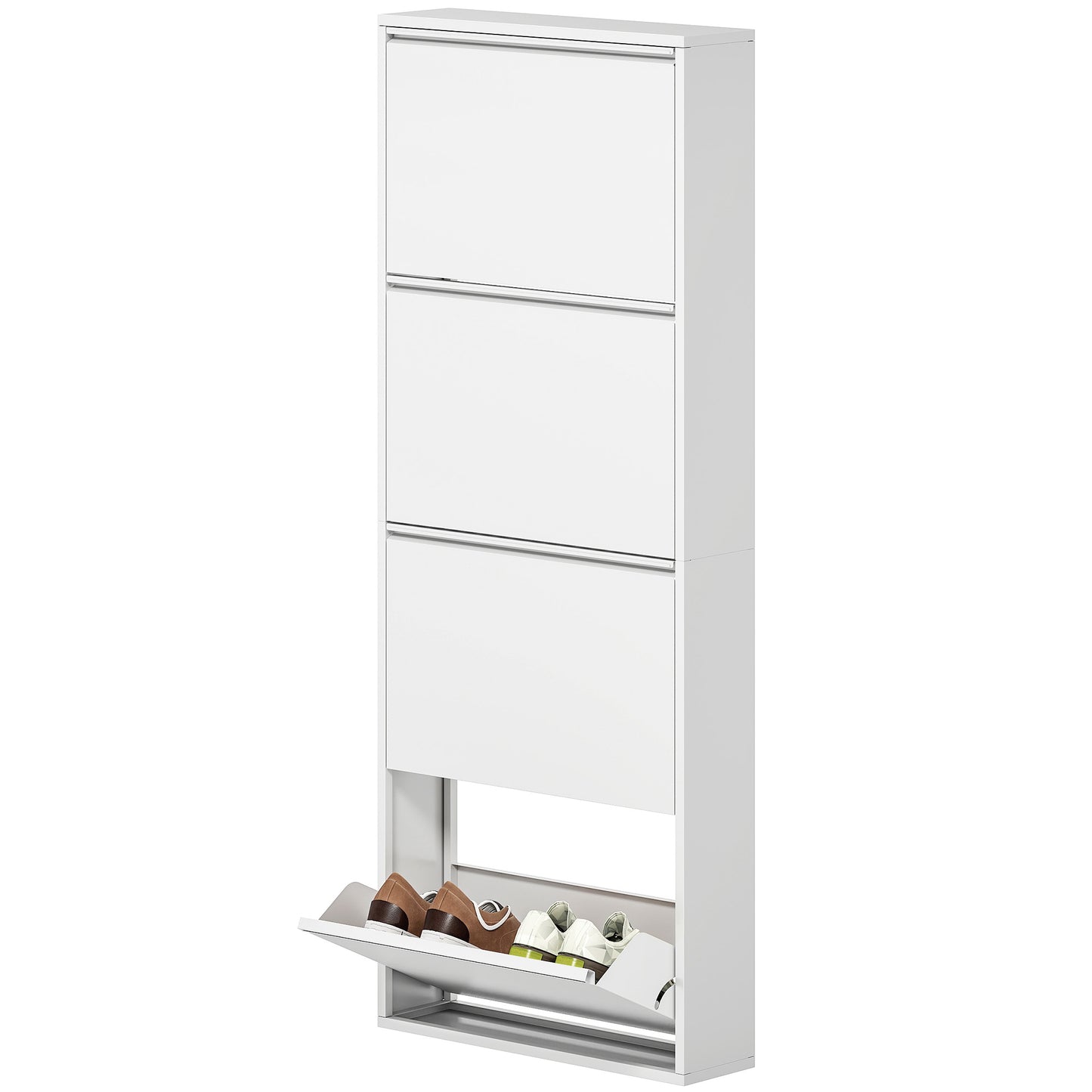 Space-saving metal shoe cabinet with 4 flaps, white