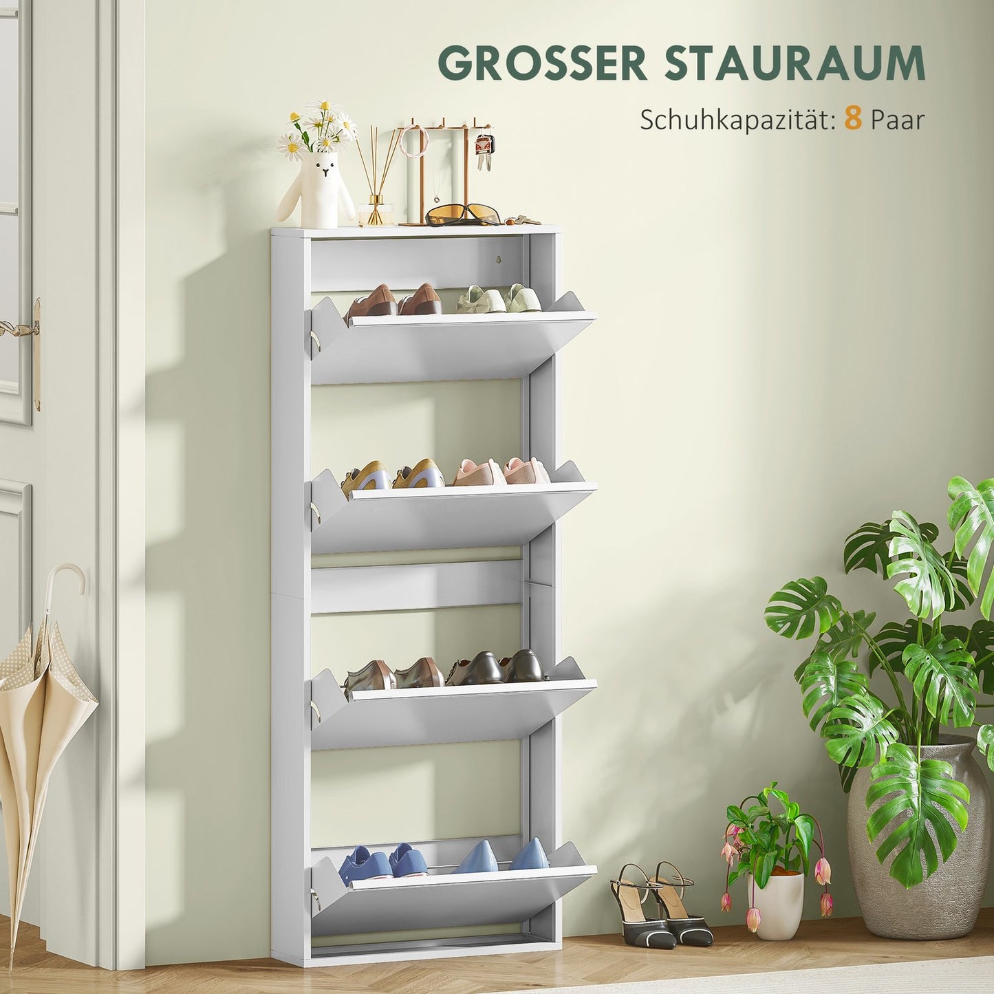 Space-saving metal shoe cabinet with 4 flaps, white