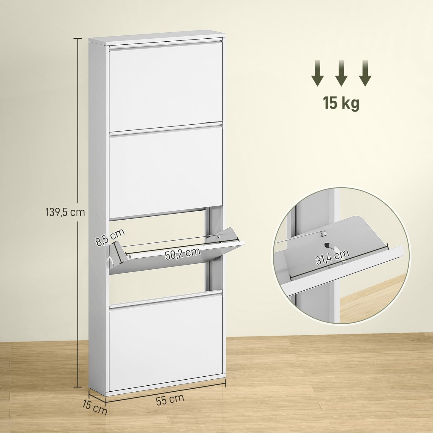 Space-saving metal shoe cabinet with 4 flaps, white