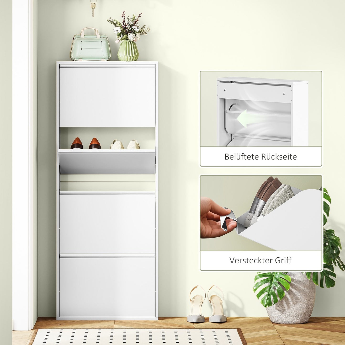Space-saving metal shoe cabinet with 4 flaps, white