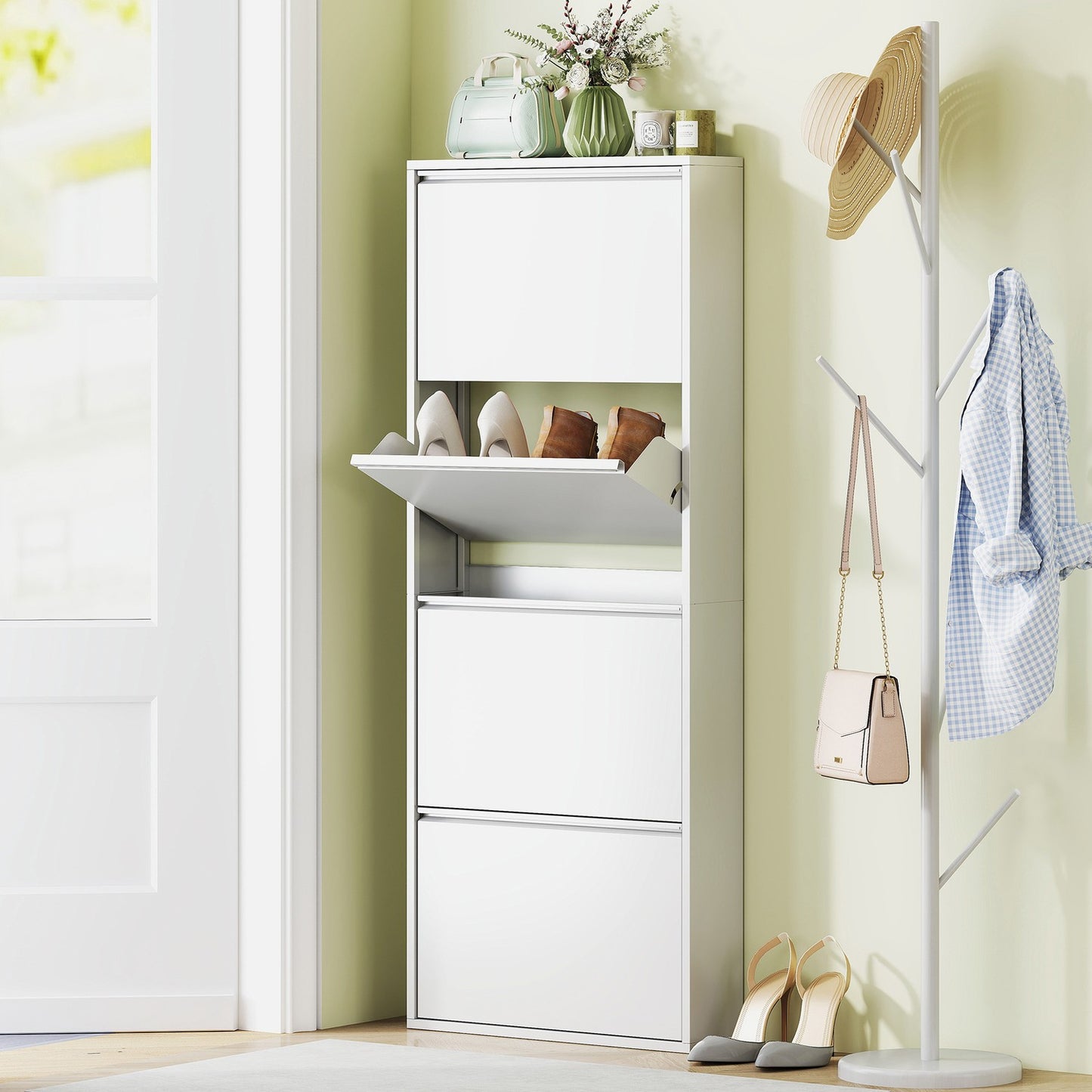 Space-saving metal shoe cabinet with 4 flaps, white