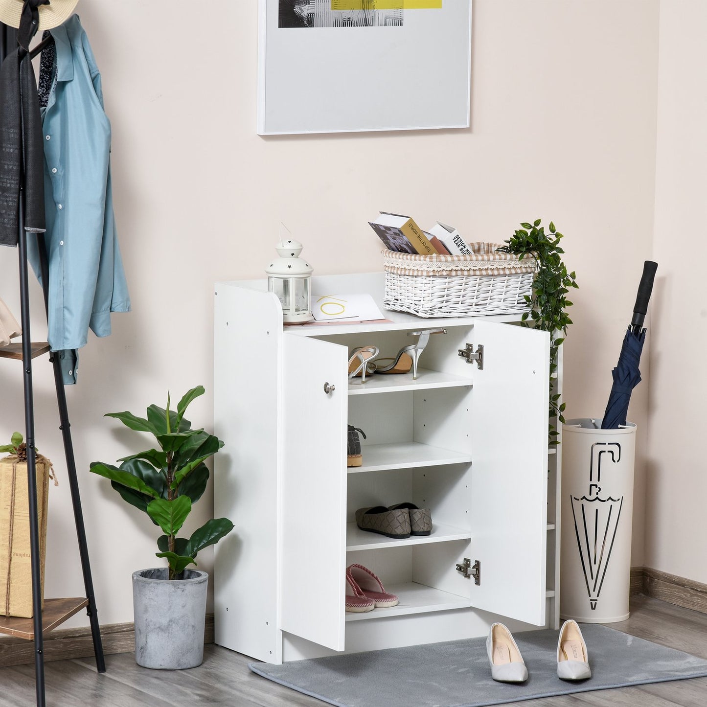 White Shoe cabinet with doors & 4 compartments, 83x30x90cm