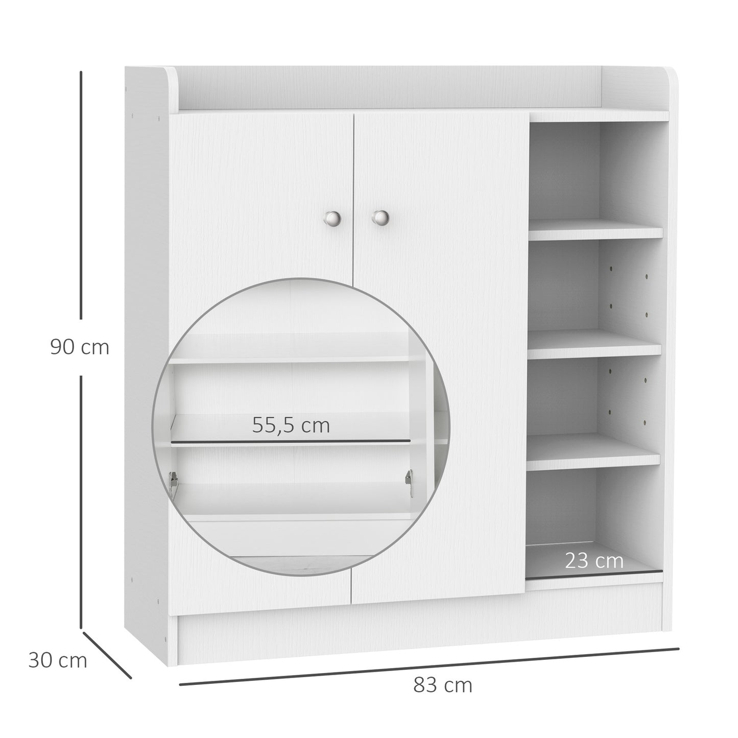 White Shoe cabinet with doors & 4 compartments, 83x30x90cm