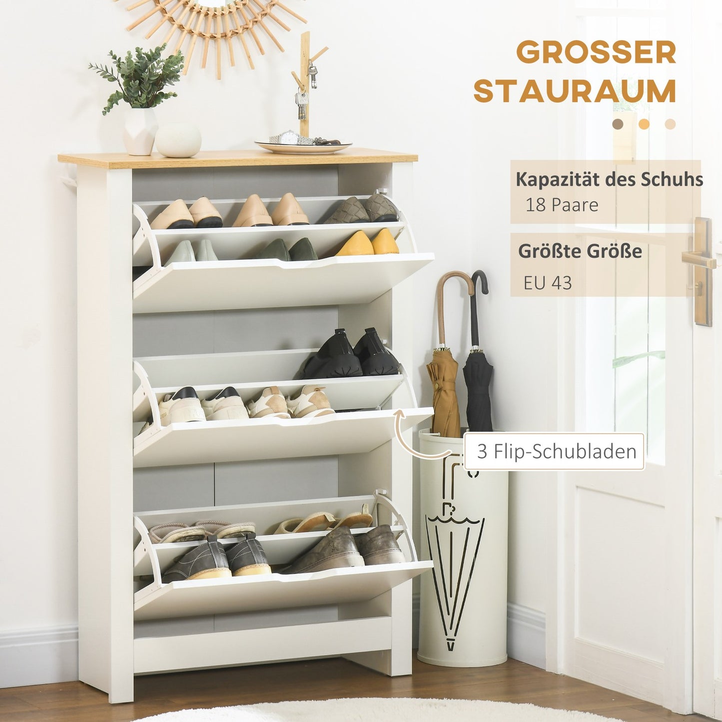 White & Natural Shoe Cabinet - Holds 18 pairs, space saving