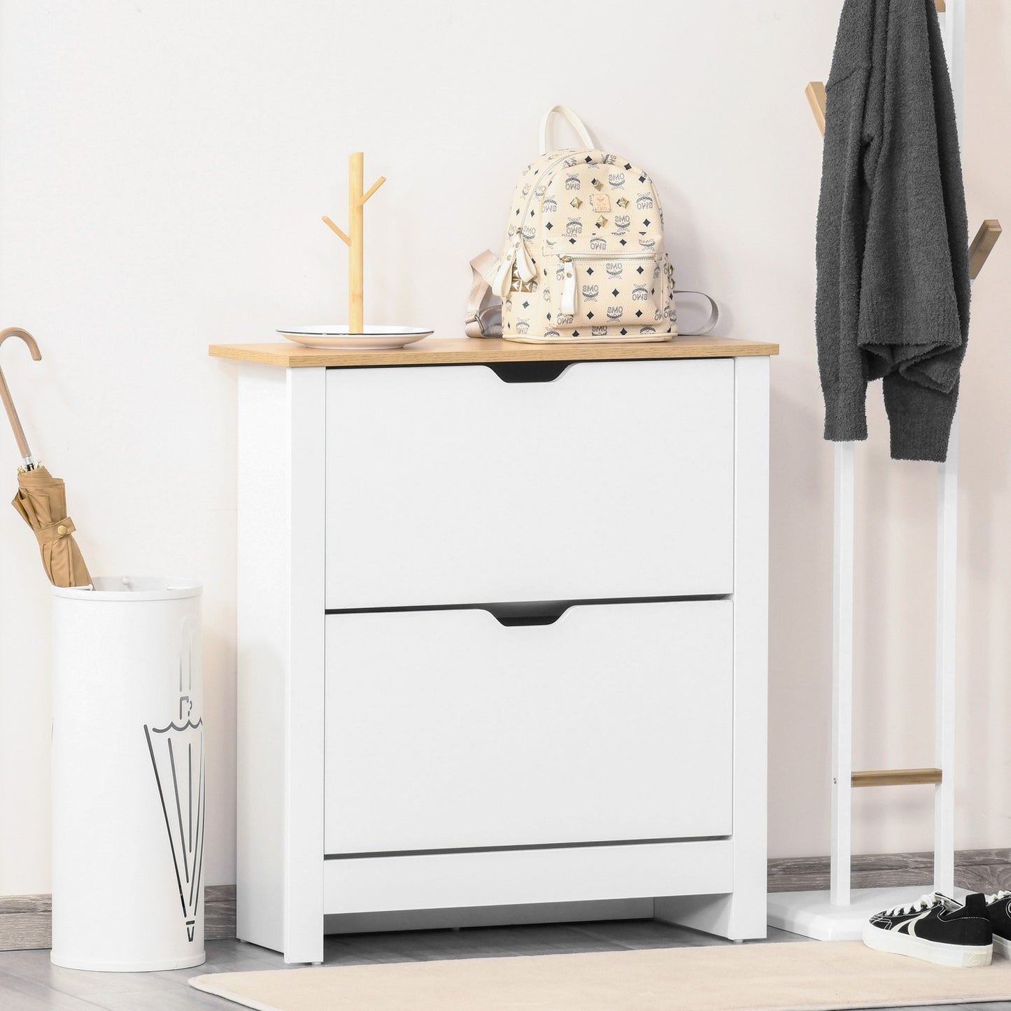 Space-saving shoe cabinet, white & natural, 12-pair capacity