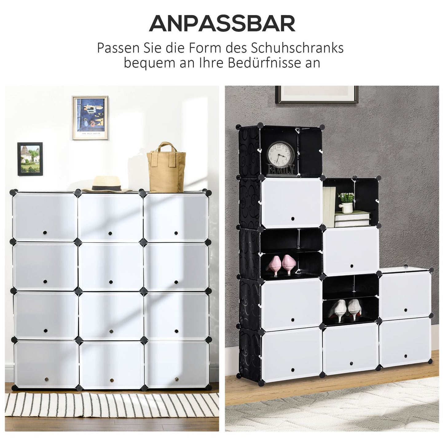 Shoe cabinet storage solution, 12-cube DIY plastic, black/white