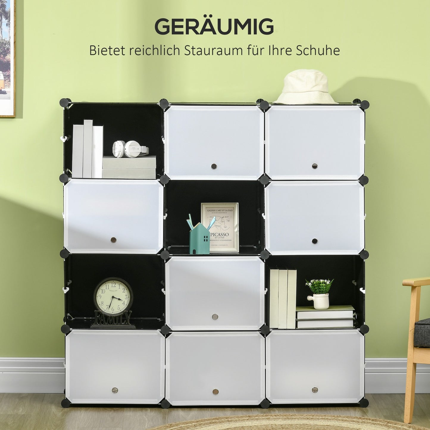 Shoe cabinet storage solution, 12-cube DIY plastic, black/white