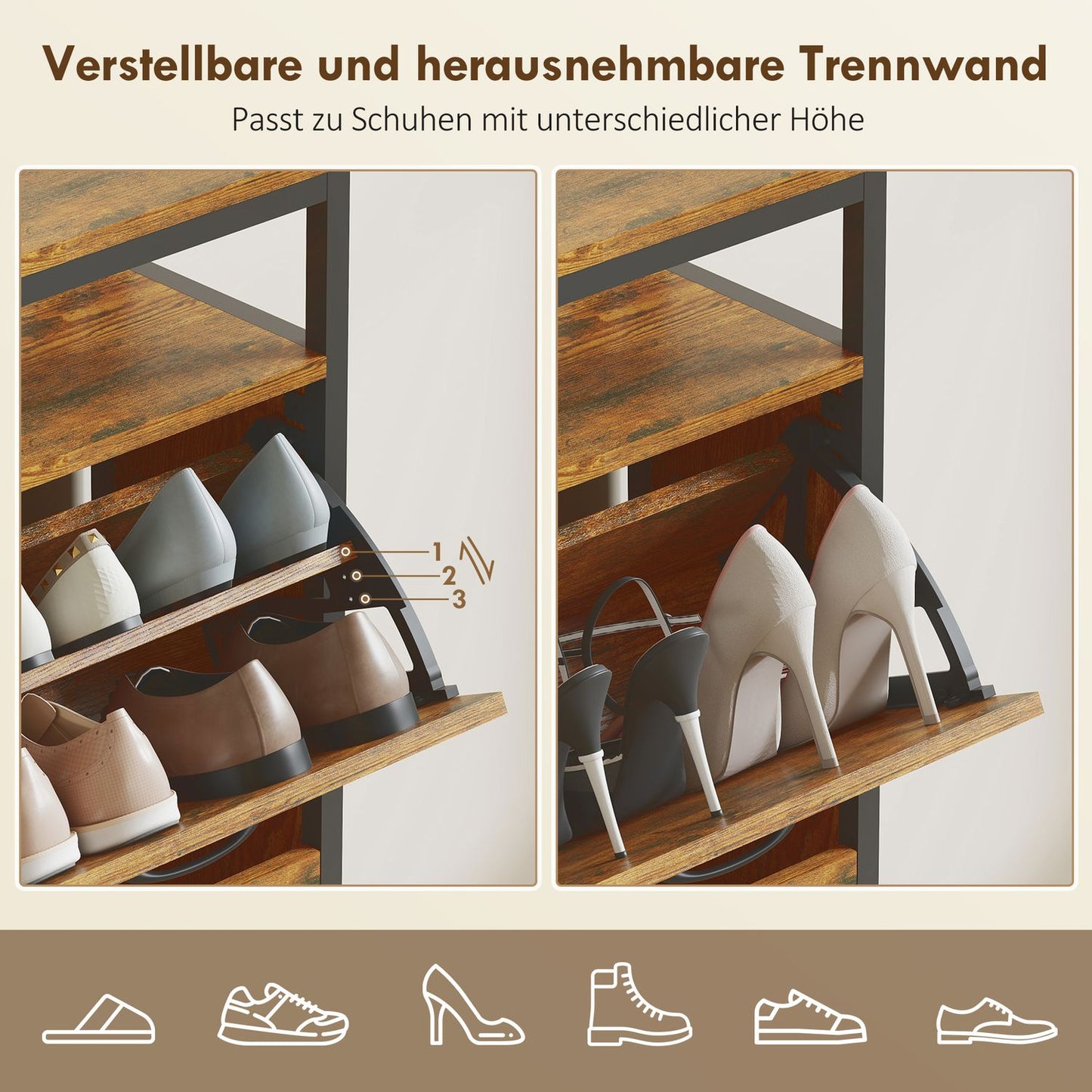 Shoe Cabinet with 4 Flip Drawers, Steel, Brown, Holds 12-20 Pairs