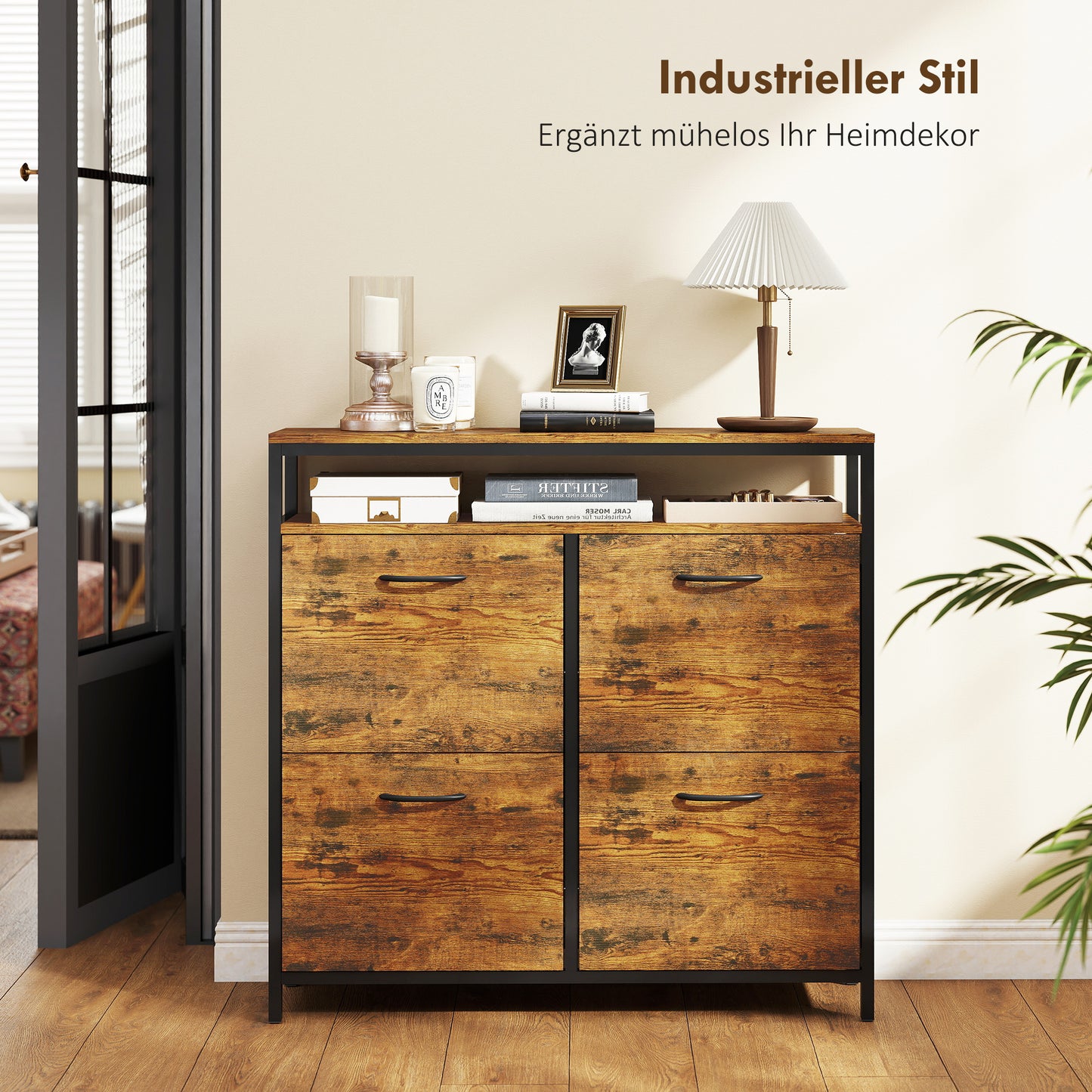 Shoe Cabinet with 4 Flip Drawers, Steel, Brown, Holds 12-20 Pairs