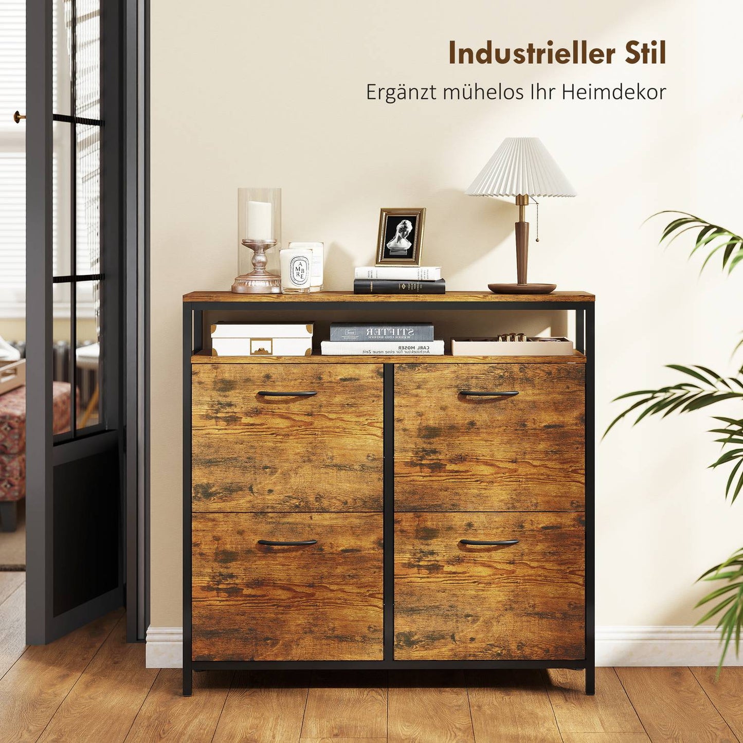 Shoe Cabinet with 4 Flip Drawers, Steel, Brown, Holds 12-20 Pairs