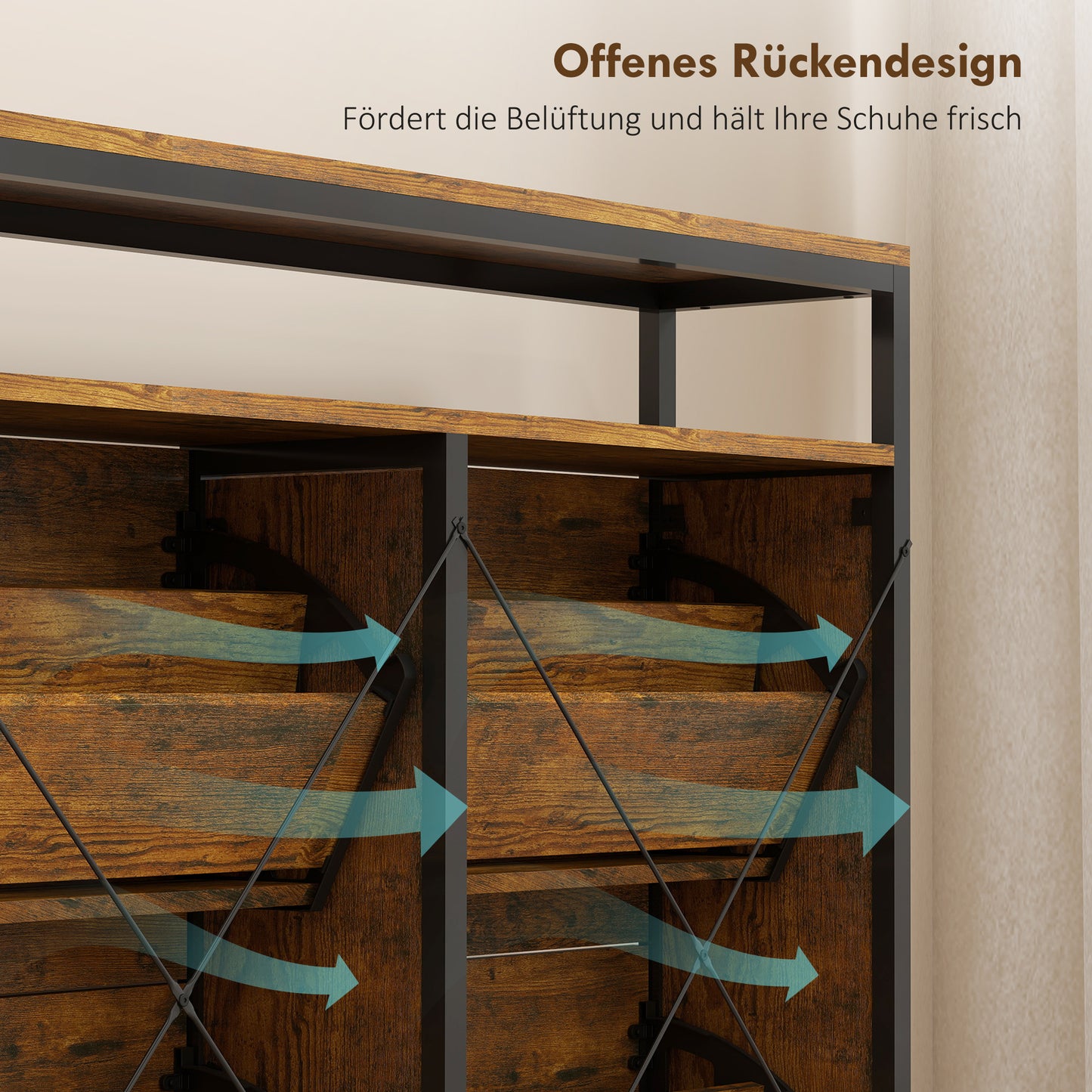 Shoe Cabinet with 4 Flip Drawers, Steel, Brown, Holds 12-20 Pairs