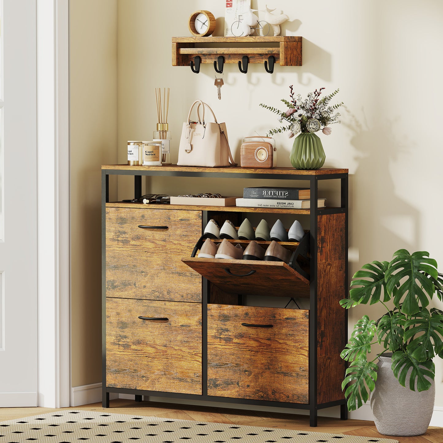 Shoe Cabinet with 4 Flip Drawers, Steel, Brown, Holds 12-20 Pairs