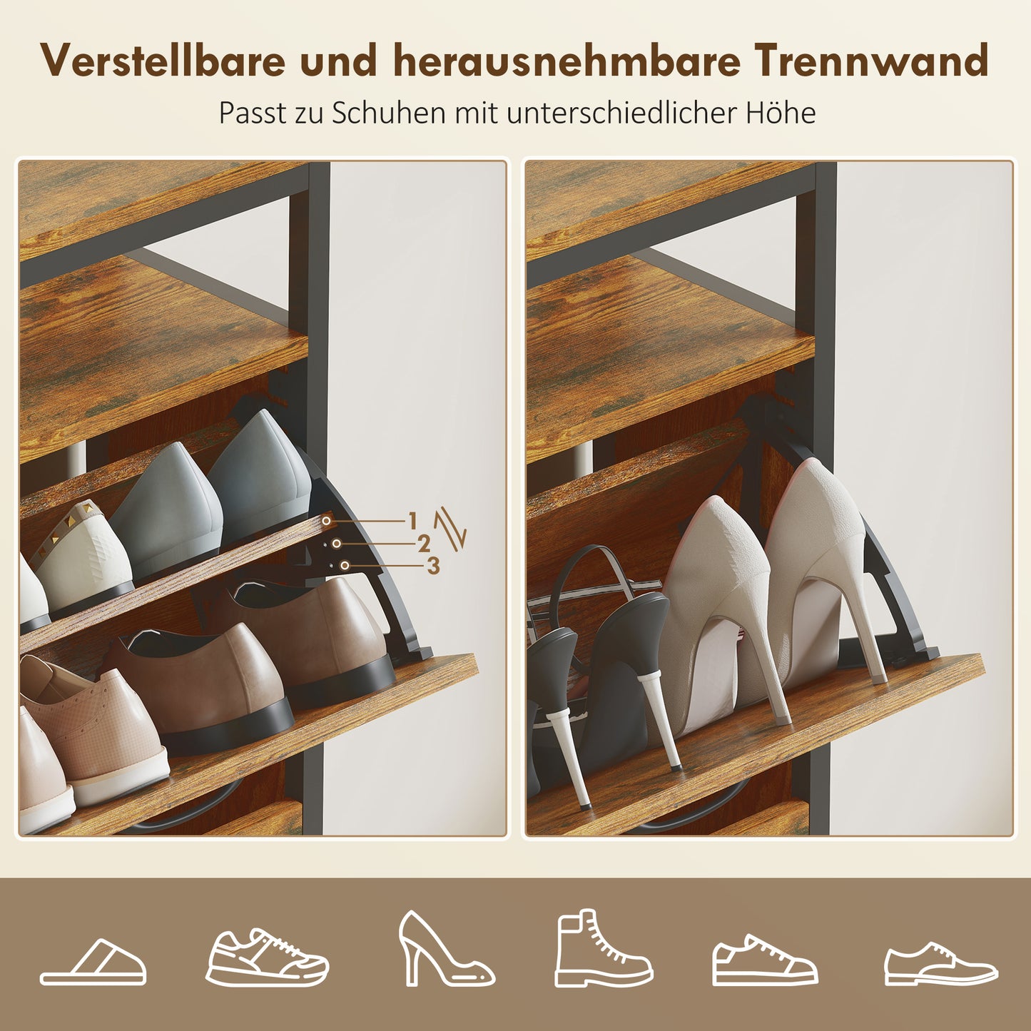 Shoe Cabinet with 4 Flip Drawers, Steel, Brown, Holds 12-20 Pairs