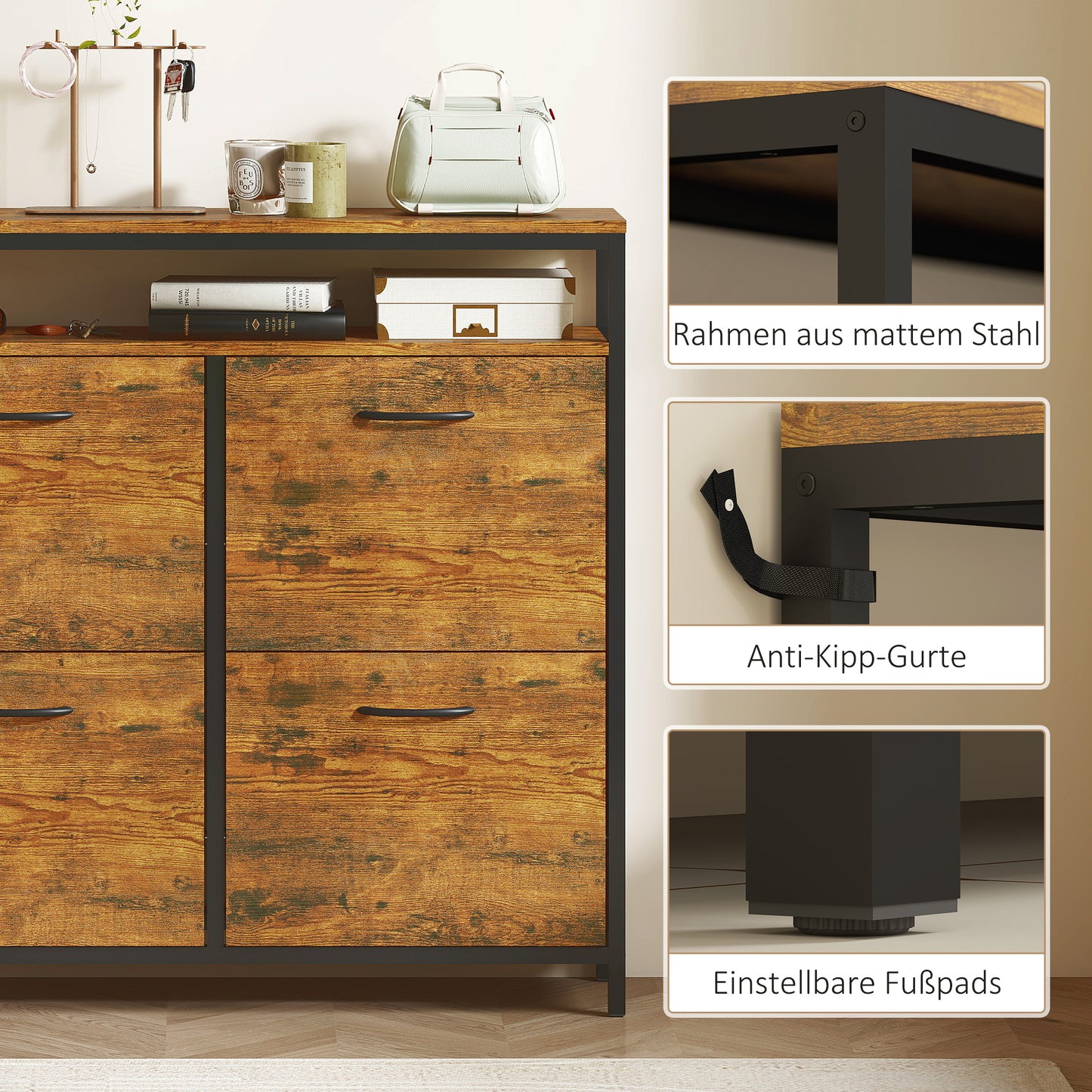 Shoe Cabinet with 4 Flip Drawers, Steel, Brown, Holds 12-20 Pairs