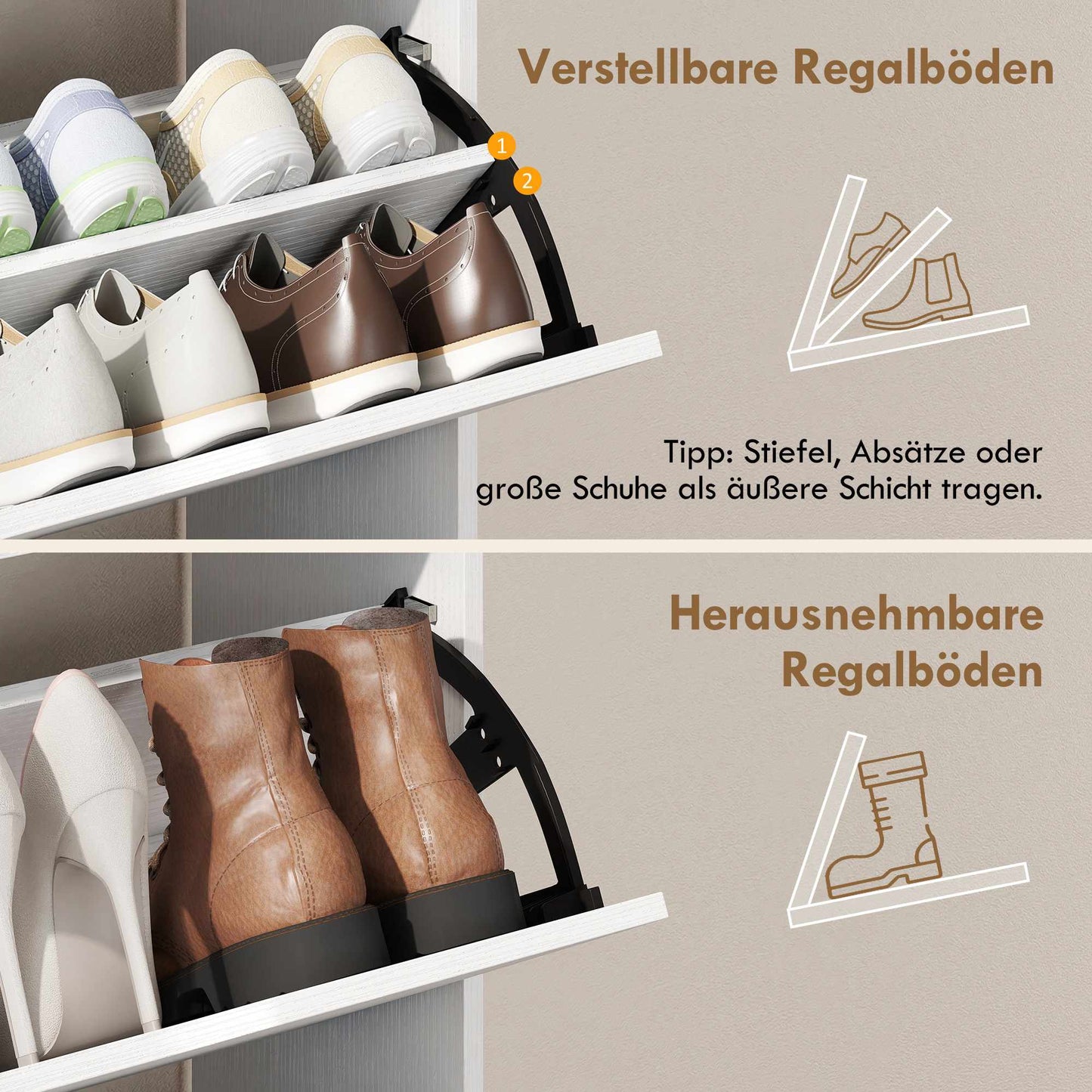 Shoe Cabinet with Adjustable Dividers, 2 Drop-Down Doors, White