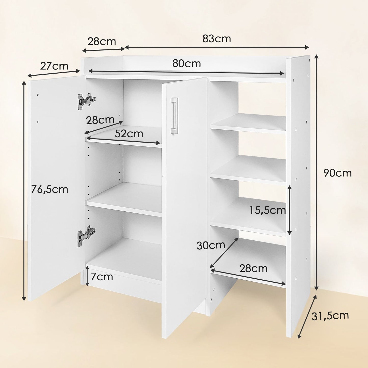 Shoe Cabinet with Adjustable Shelves & 2 Doors, White