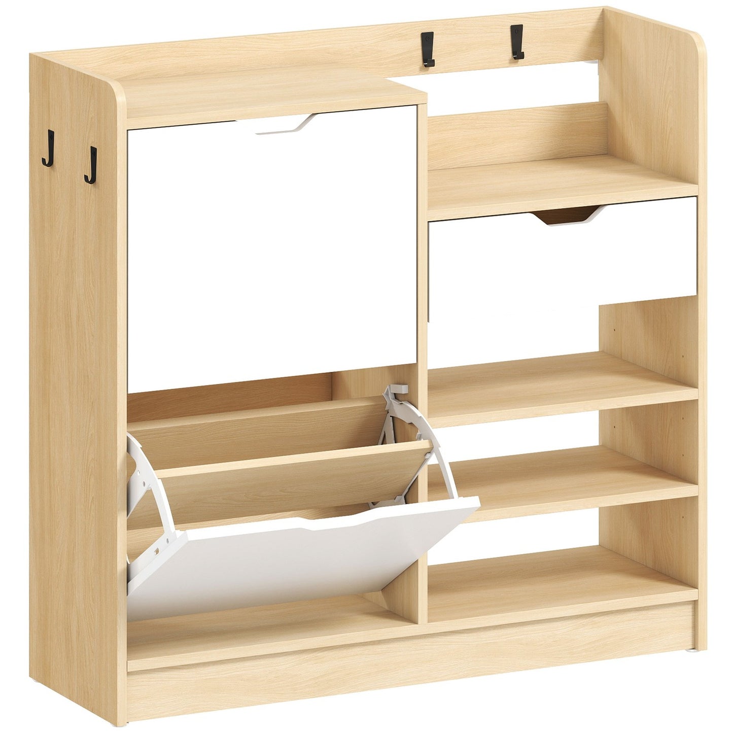 Shoe Cabinet with Flip Drawers, Open Shelves, 4 Hooks