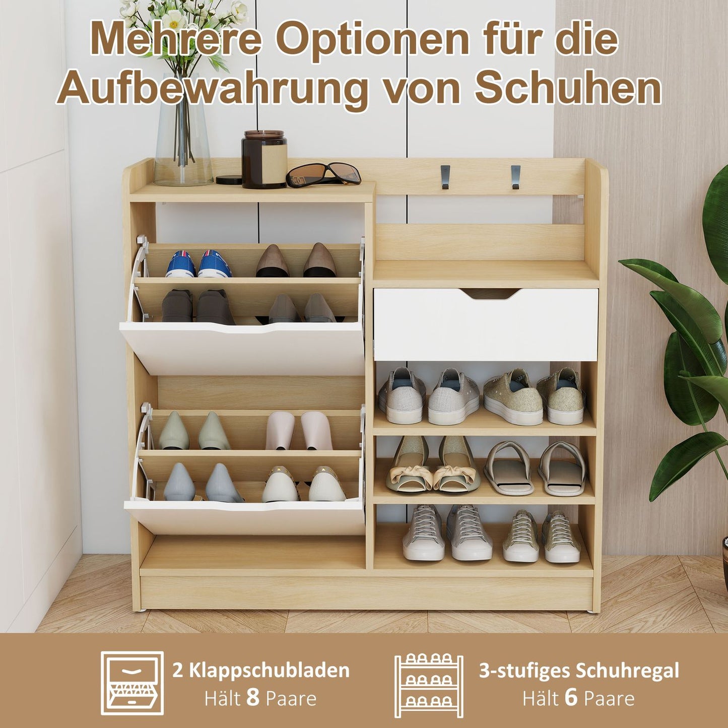 Shoe Cabinet with Flip Drawers, Open Shelves, 4 Hooks