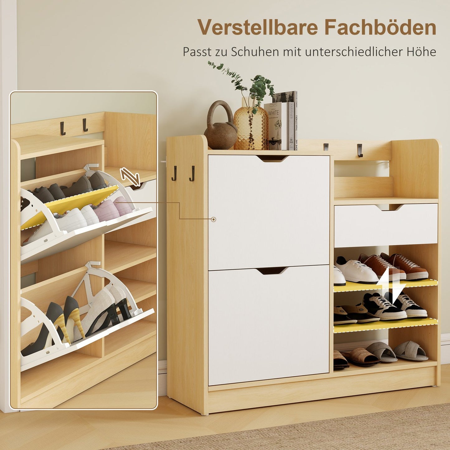 Shoe Cabinet with Flip Drawers, Open Shelves, 4 Hooks