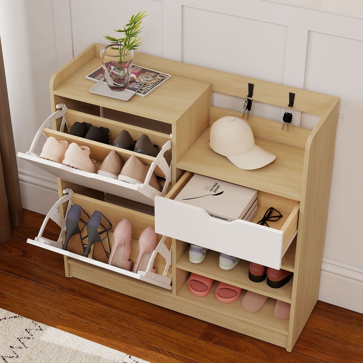 Shoe Cabinet with Flip Drawers, Open Shelves, 4 Hooks