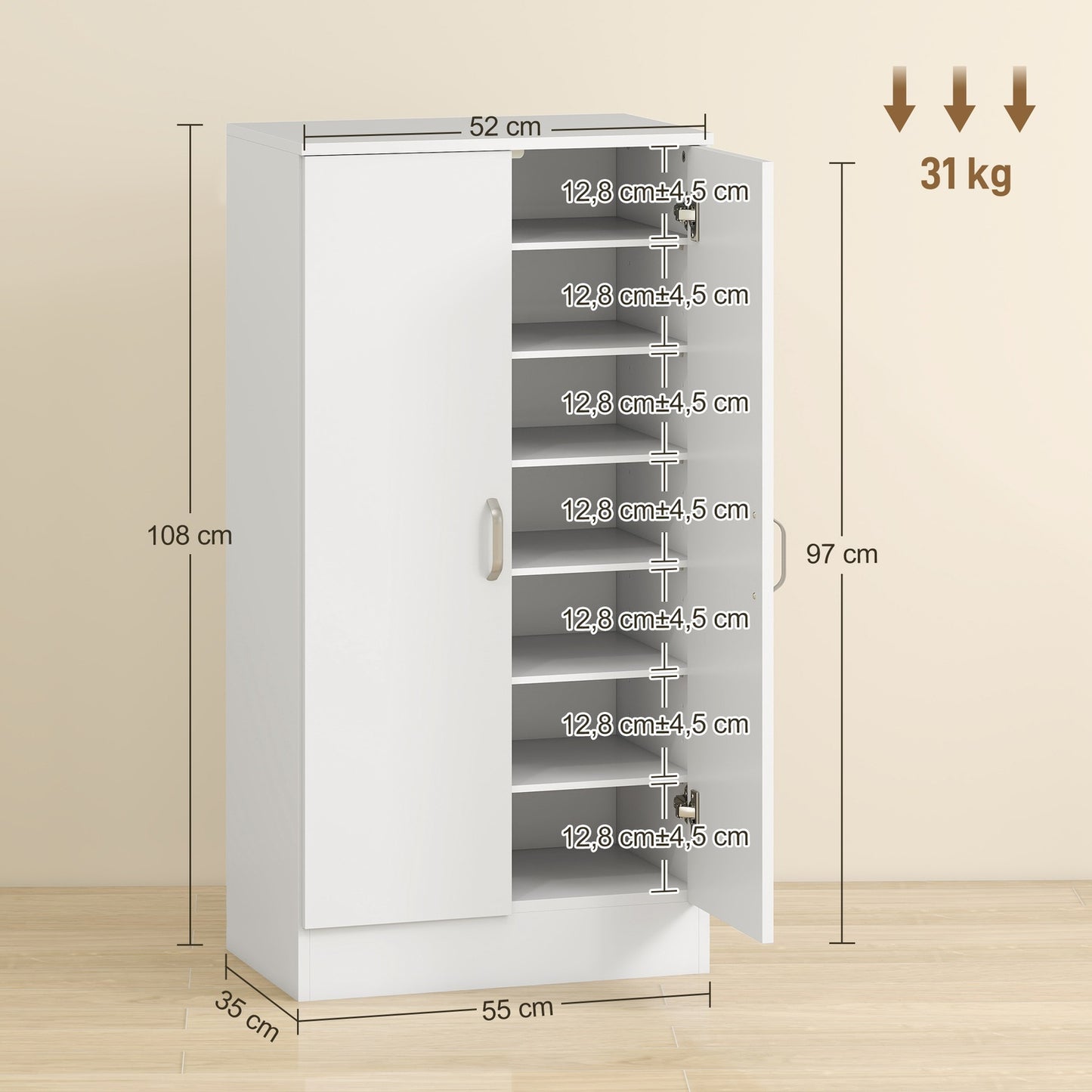 Shoe Cabinet with Soft-Close Hinges, Adjustable Shelves, White