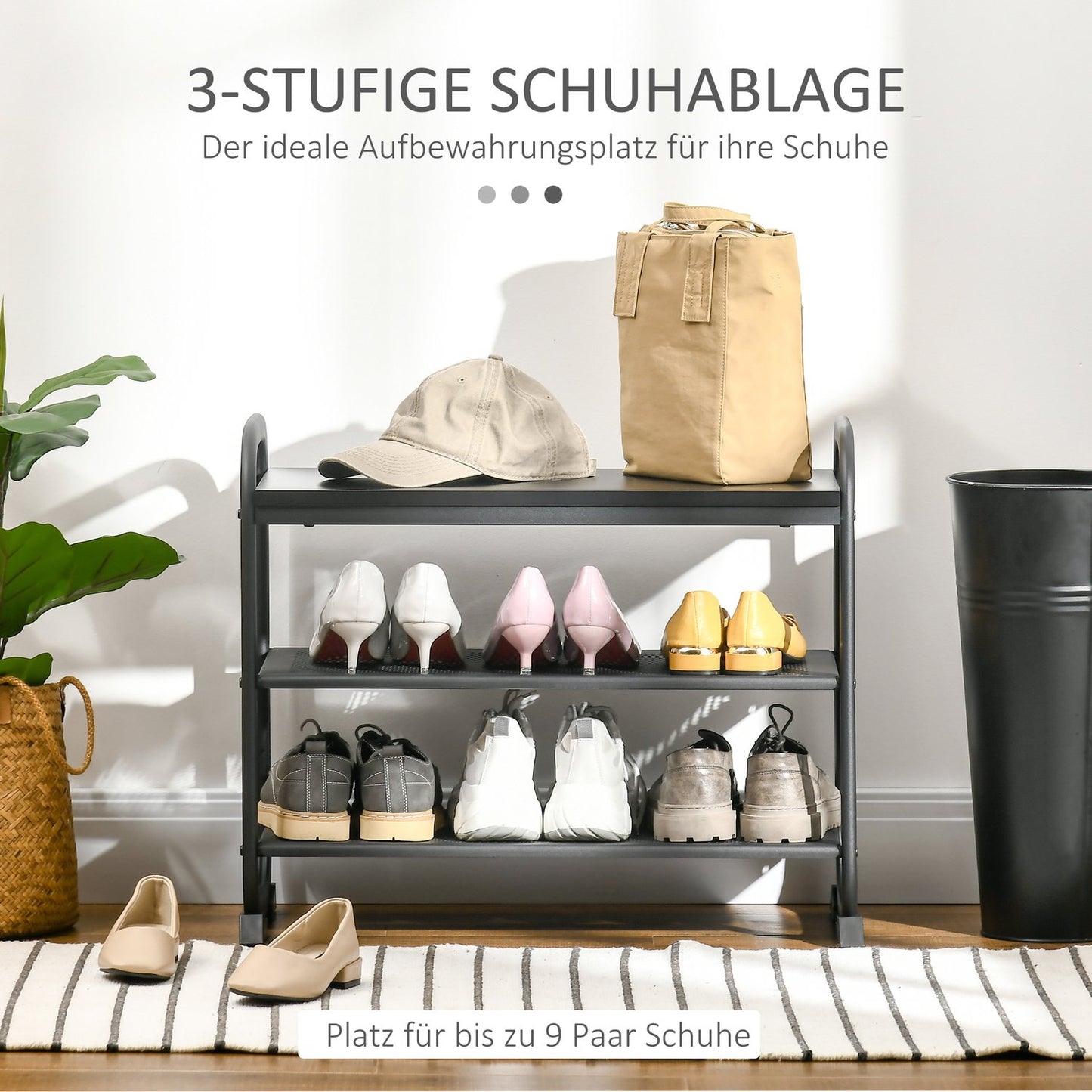 Industrial Style 2-Tier Shoe Bench, Steel, Black, Fits 6 Pairs