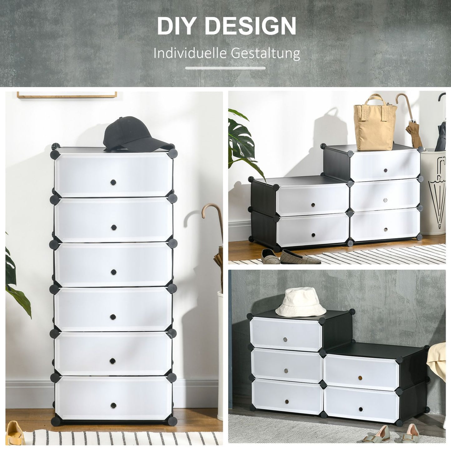Plastic shoe rack, fits 6 pairs, black/white