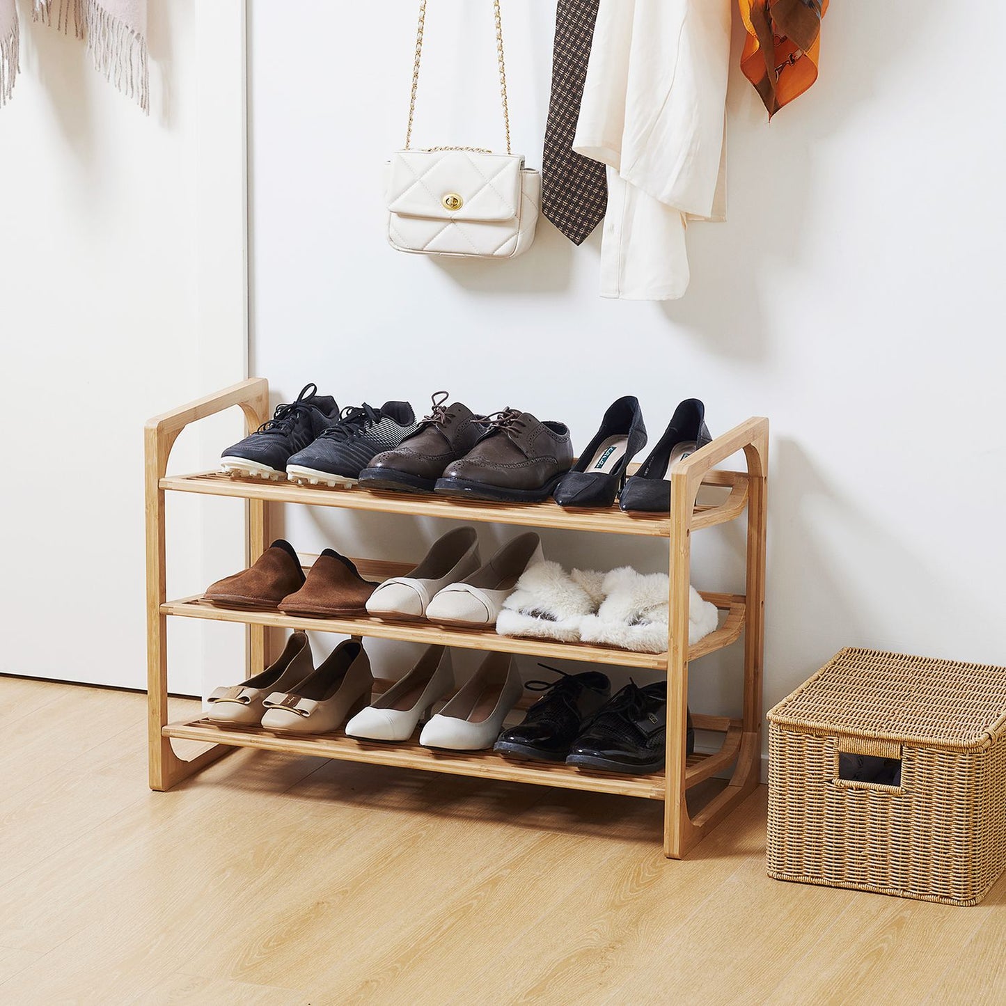 Bamboo shoe rack - 3-tier, holds 9 pairs, natural finish