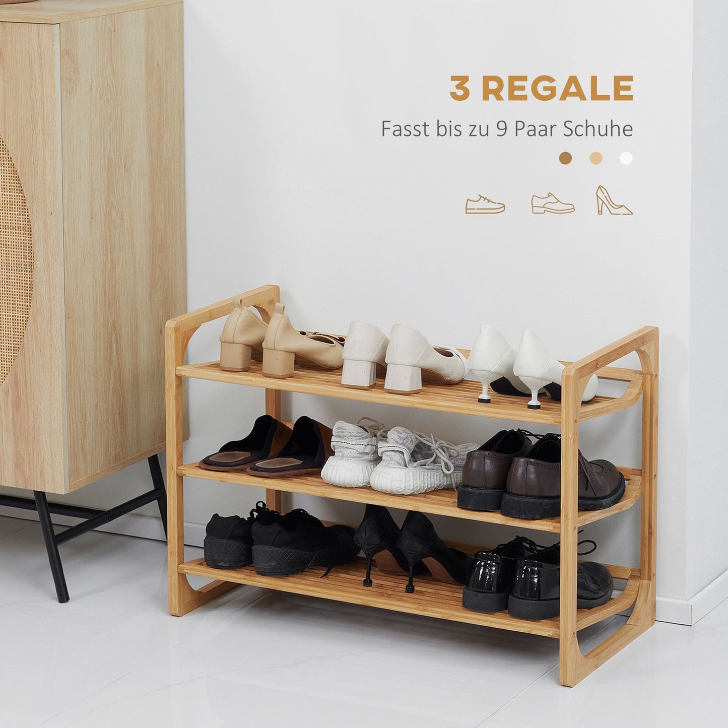 Bamboo shoe rack - 3-tier, holds 9 pairs, natural finish