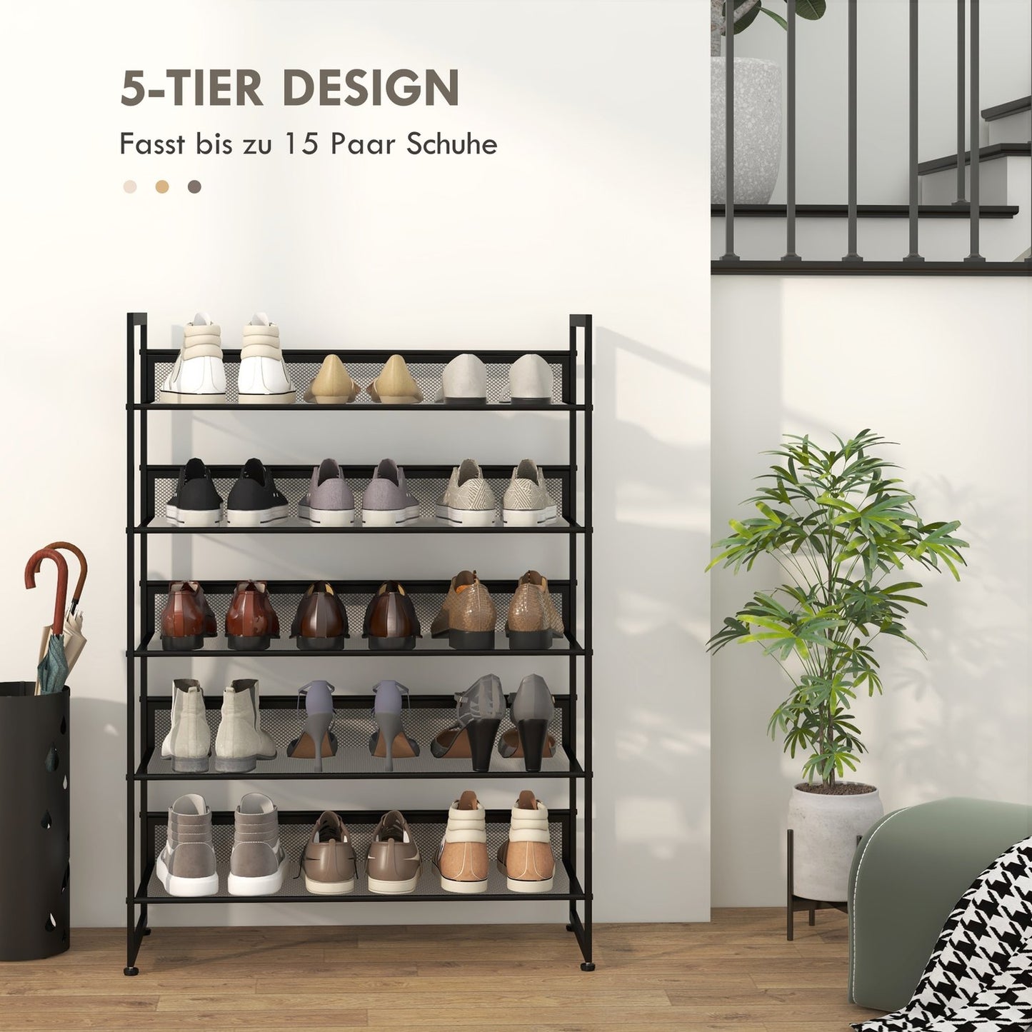 5-layer black steel shoe rack for 15 pairs, 72x30x102 cm