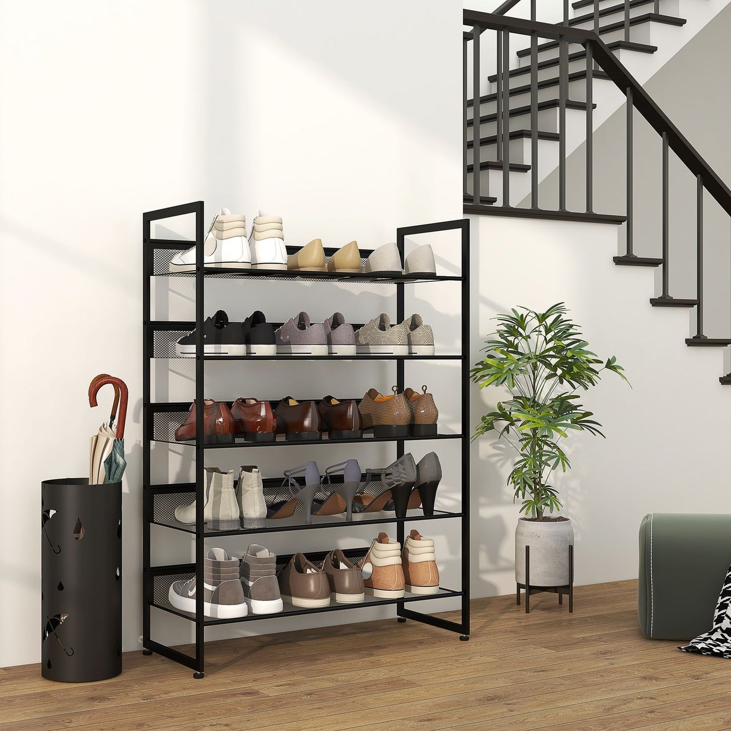 5-layer black steel shoe rack for 15 pairs, 72x30x102 cm