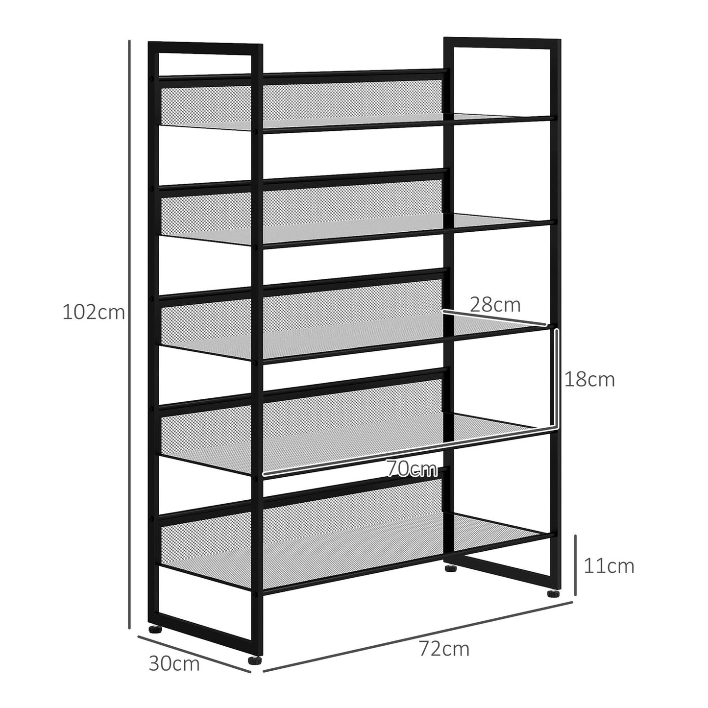 5-layer black steel shoe rack for 15 pairs, 72x30x102 cm
